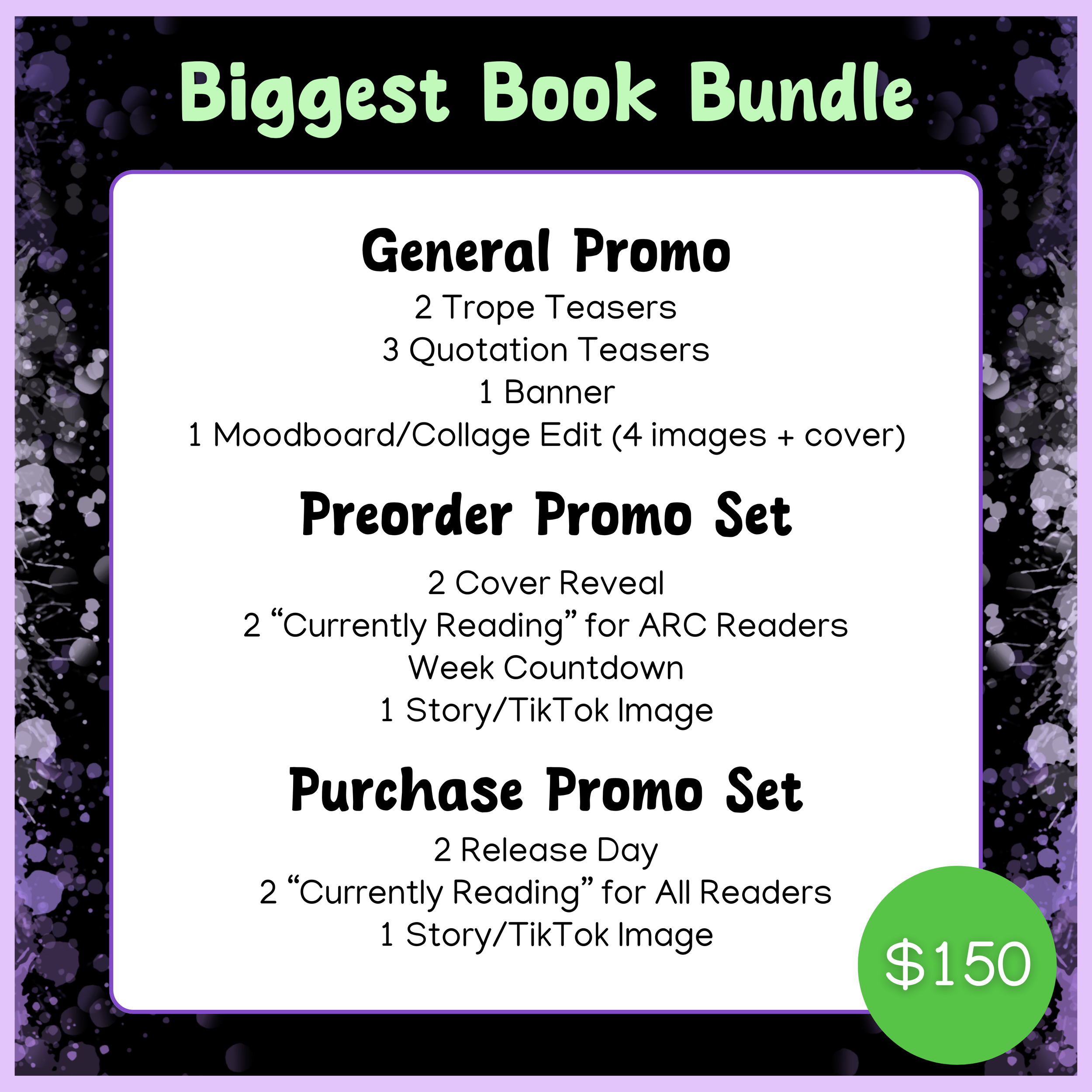 Black background with purple watercolor header, text describes bigger book bundle  (written out on website page)