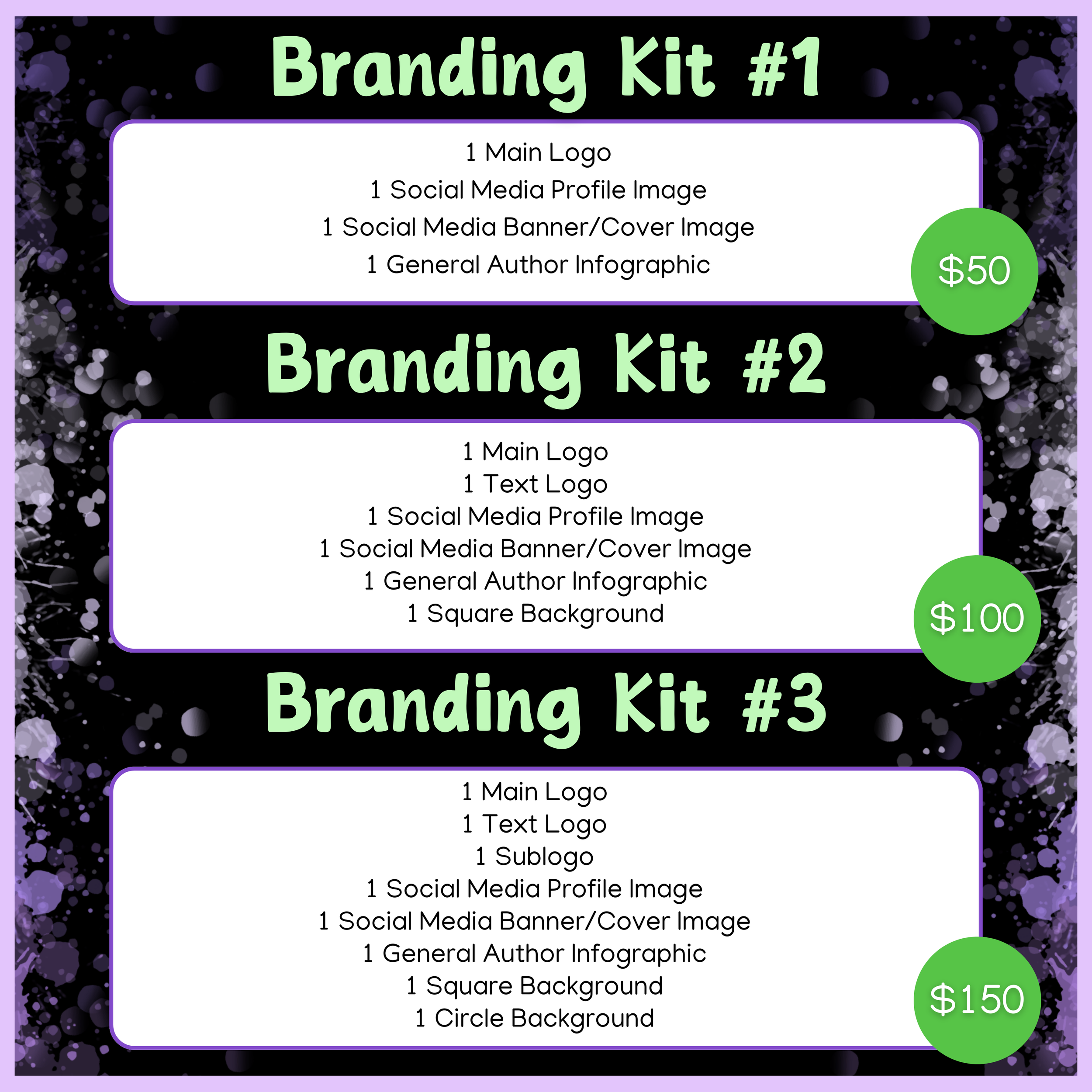 Black background with purple watercolor header, 3 text bubbles describing branding kits  (written out on website page)