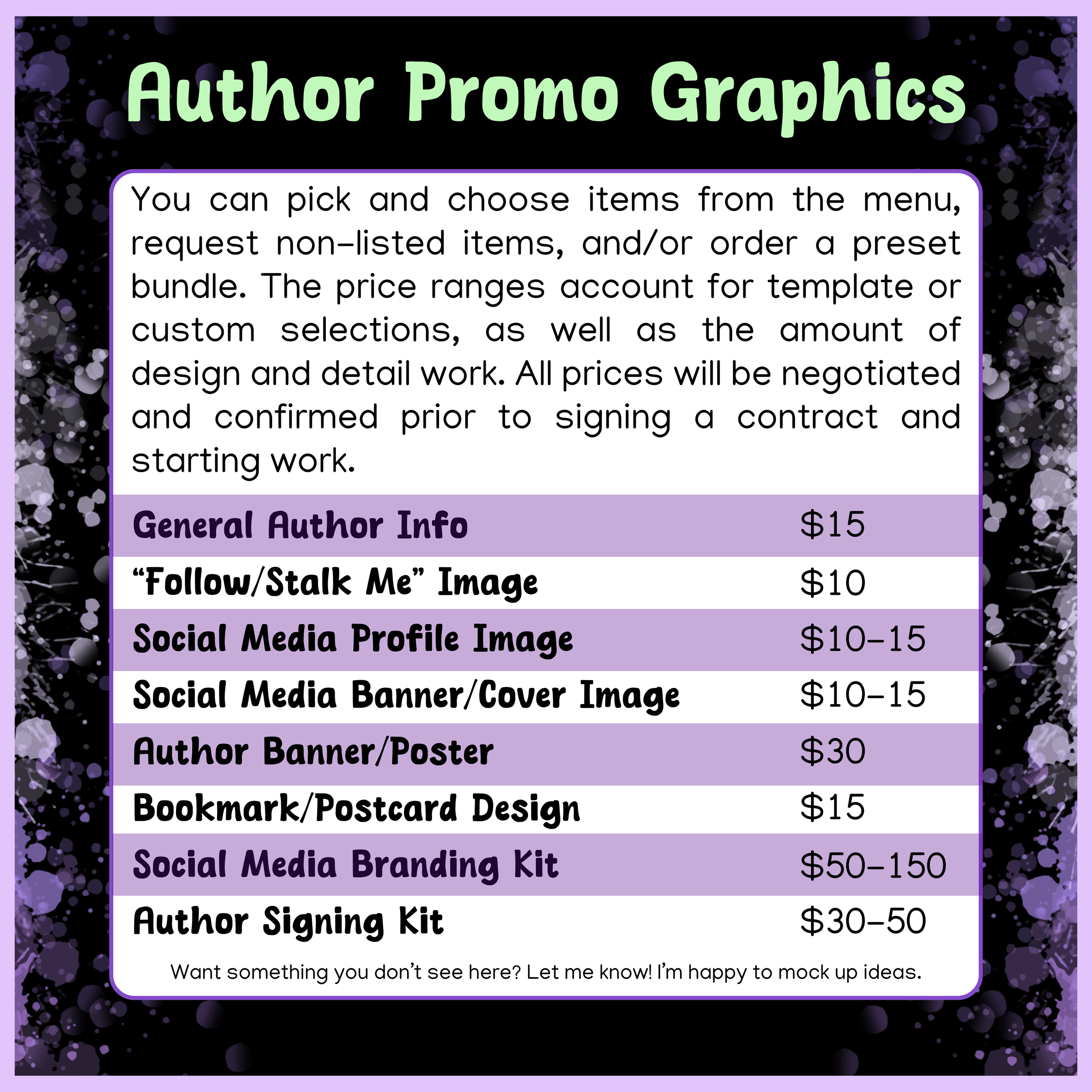 Black background with purple watercolor header, text is table with list of graphics (written out on website page)