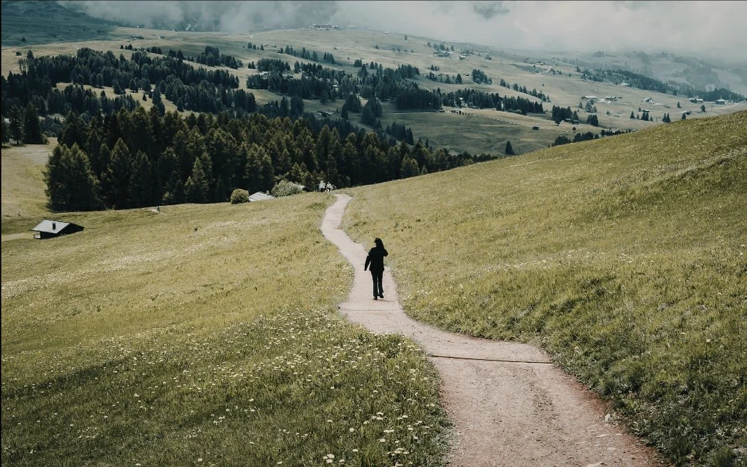 Winding trail through open fields with a lone walker—symbol of trauma recovery that isn’t linear; gentle support available in Bryn Mawr/Main Line, PA.