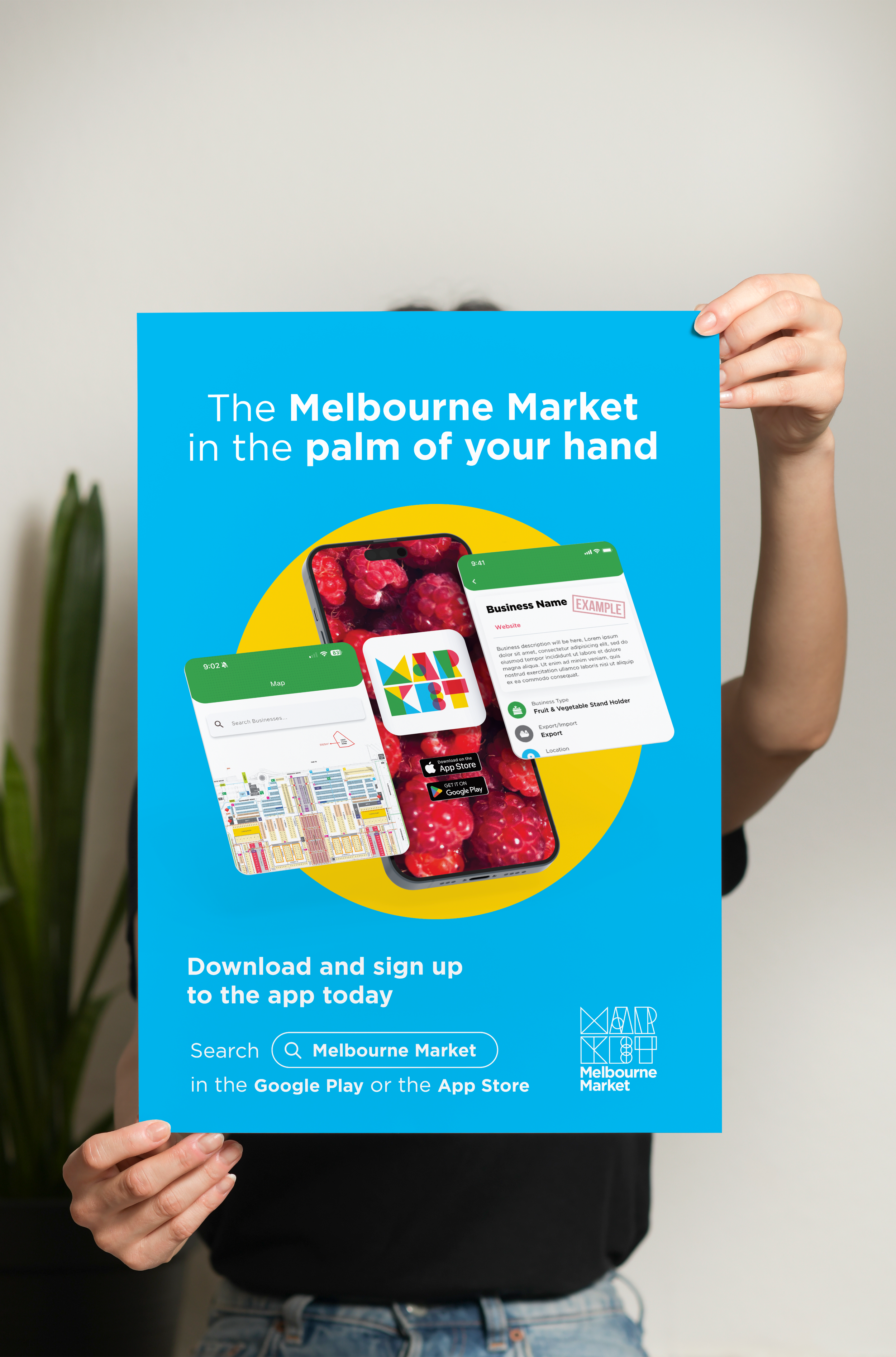 Freelance Graphic Designer Melbourne. Poster for Melbourne Market app, featuring a smartphone with app screenshots, against a blue background and a yellow circle, promoting downloading and signing up via Google Play or the App Store.