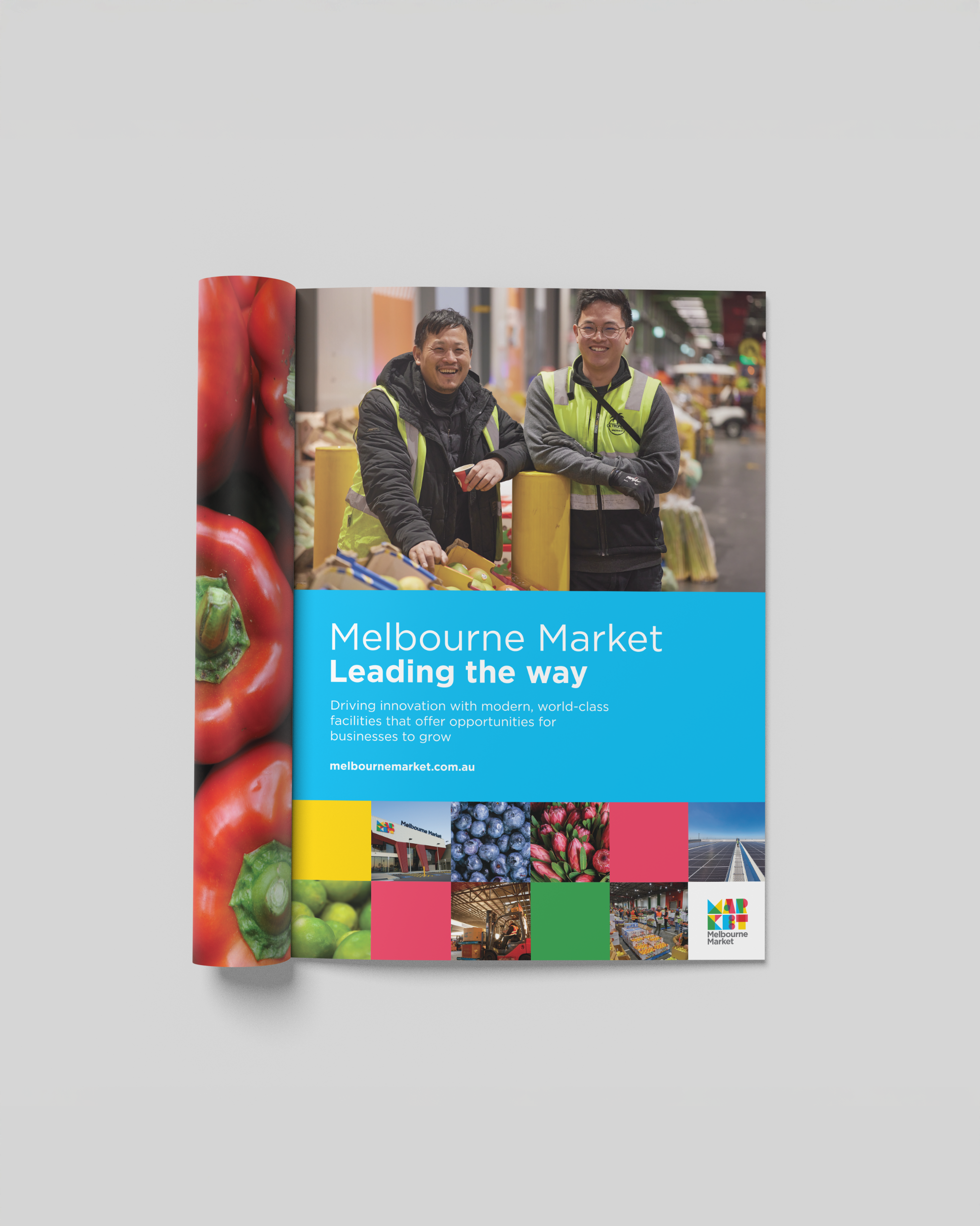Freelance Graphic Designer Melbourne.. Brochure with cover photo of two men smiling at a market, labeled Melbourne Market with the tagline Leading the way, featuring colorful images of fresh produce and market scenes.