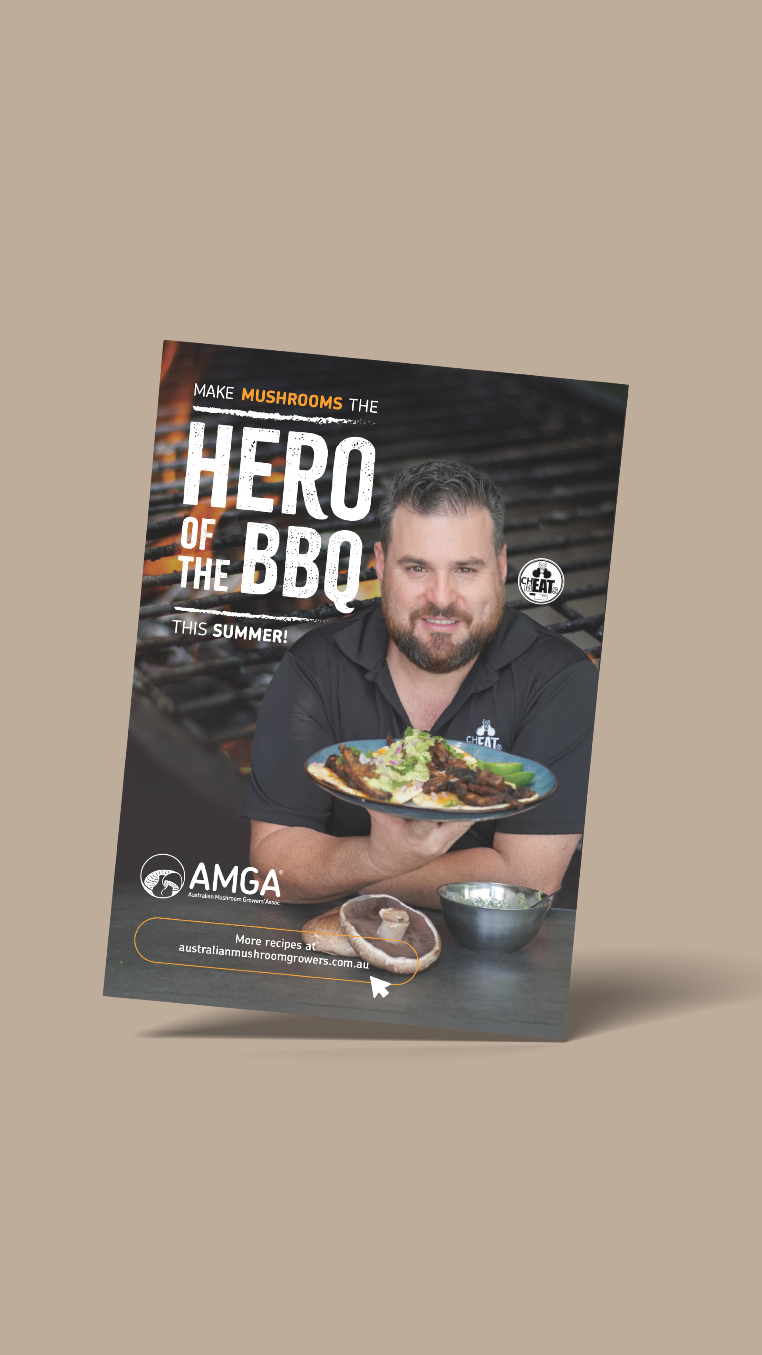 Freelance Graphic Designer Melbourne. A promotional flyer featuring a man holding a plate of grilled mushrooms and vegetables, with a barbecue grill in the background.