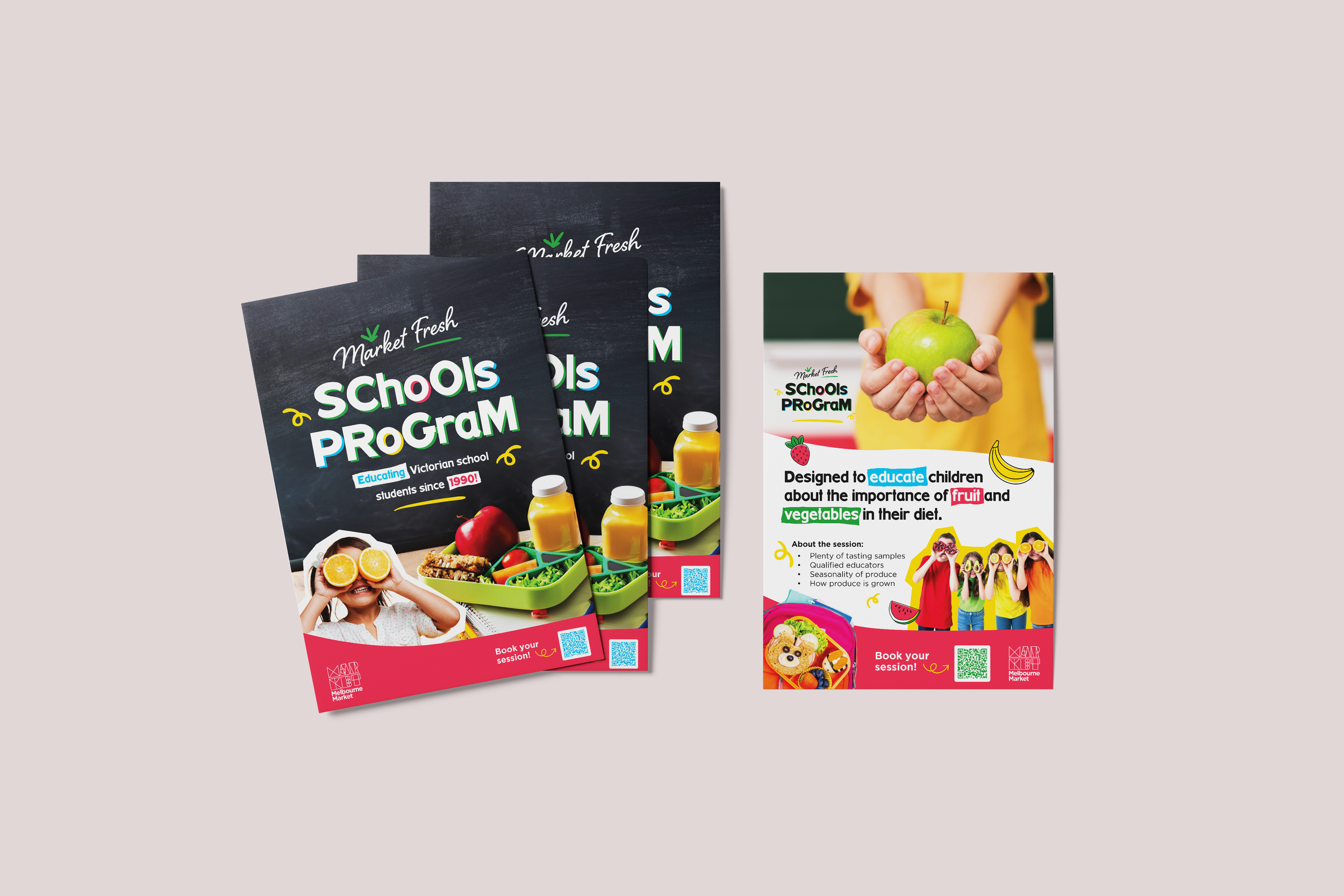 Two identical flyers for a school program, with a third flyer showing a person holding a green apple. The flyers promote an educational program about the importance of fruit and vegetables for children, featuring colorful images of fresh produce, children, and cartoons.