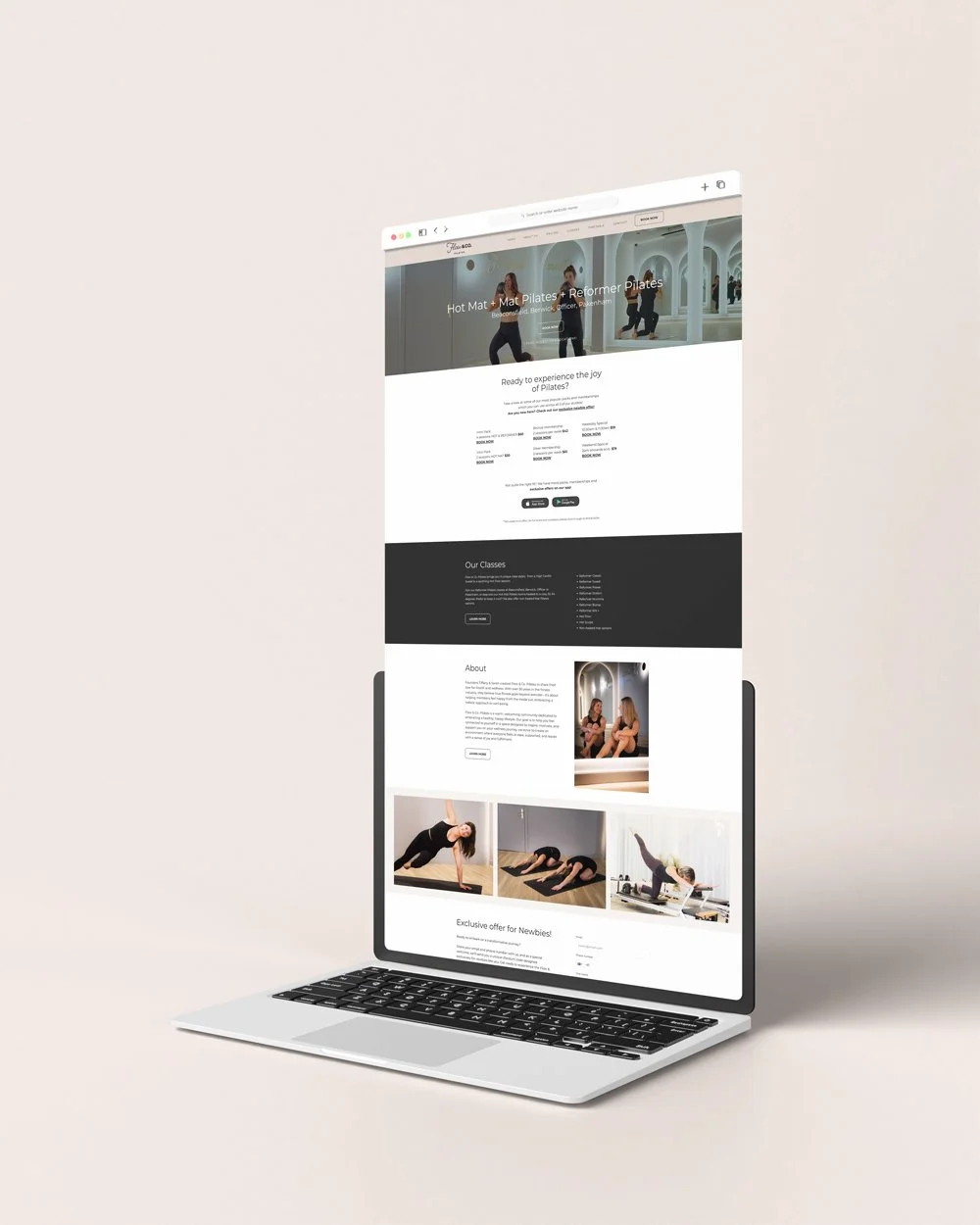 Laptop displaying a Pilates class website with images of people exercising in a studio.