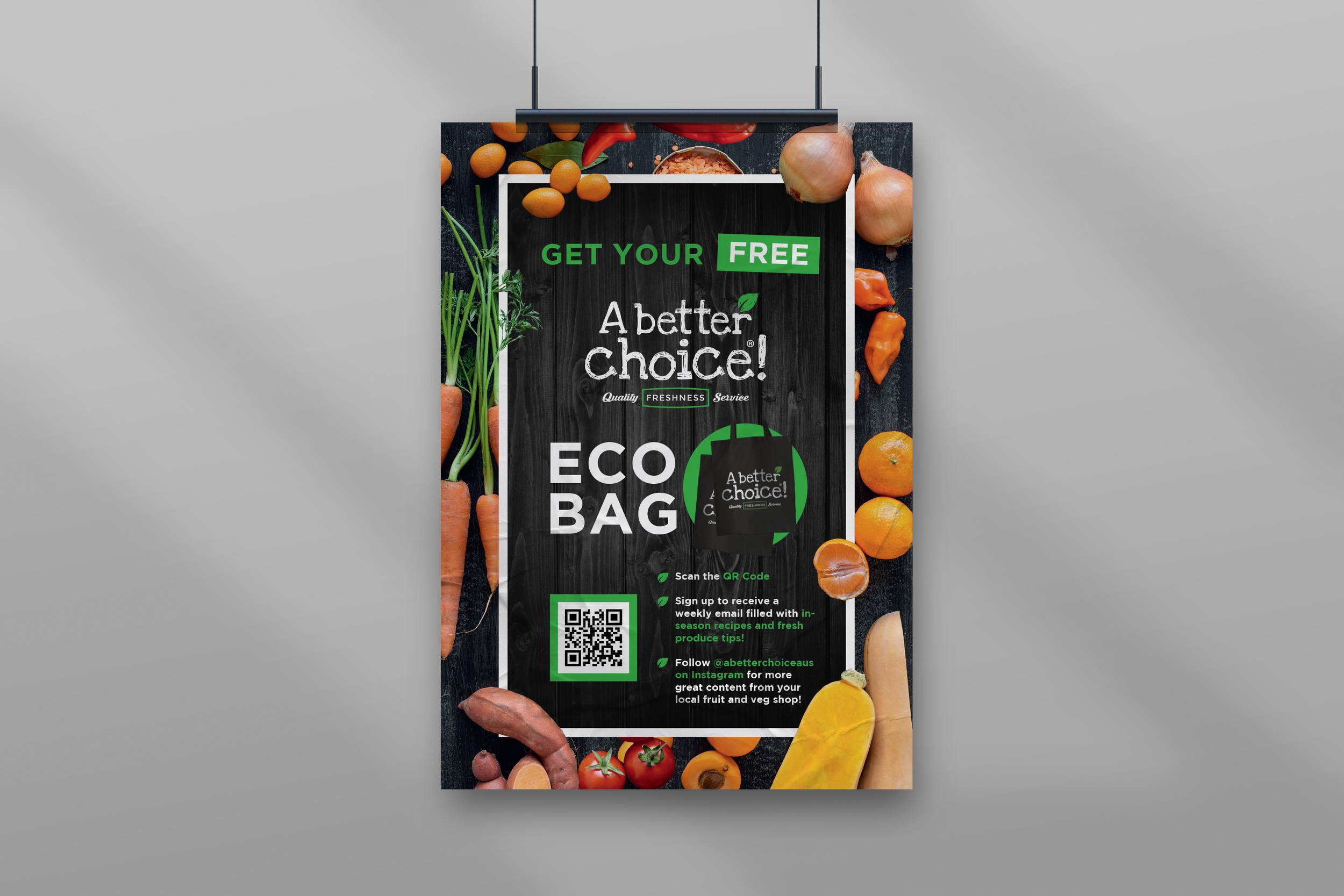 Poster advertising a free eco-friendly shopping bag with fresh vegetables around the edges, including carrots, onions, tomatoes, and peppers. The poster has a QR code and instructions to sign up for weekly emails and follow social media for updates.