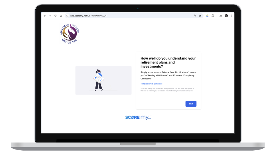 Screenshot of a web page titled 'How well do you understand your retirement plans and investments?' with a logo in the top left corner reading 'Lanymar Wealth Group Inc.', and a cartoon illustration of a woman holding a large coin. There is a blue 'Start' button below the question.