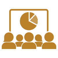 Silhouette of a business meeting with five people and a presentation of a pie chart.
