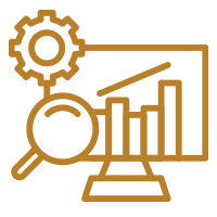 Line graph with bar chart, magnifying glass, gear icon, and gear on monitor, representing analytics and data analysis