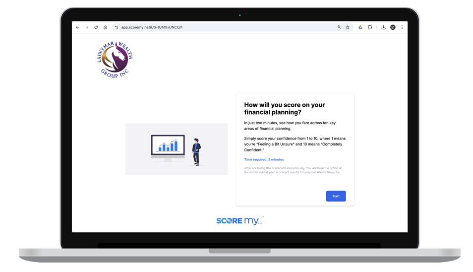 Laptop screen displaying a financial planning assessment webpage with a logo in the top left corner and a prompt to score confidence in financial planning, with a start button at the bottom.