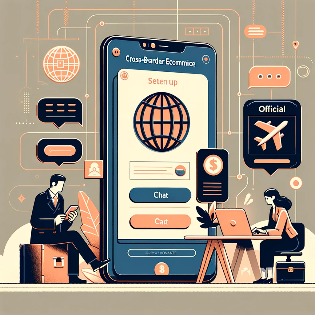 DALL·E 2024-01-19 10.56.25 - An illustration in the same style as the first image, depicting the setup of a cross-border eCommerce site. The scene should feature a character in a .png