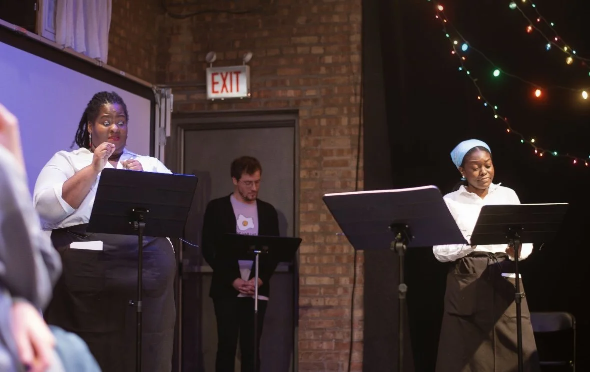 Courtney Marie, Stefan Roseen, and Queen Griffin performing in the staged reading of NOLA, as a part of Theatre L'Acadie & Pocket VR's 2025 Play Inc. Ubator, directed by Stefan Roseen (photo by Brandii Champagne)