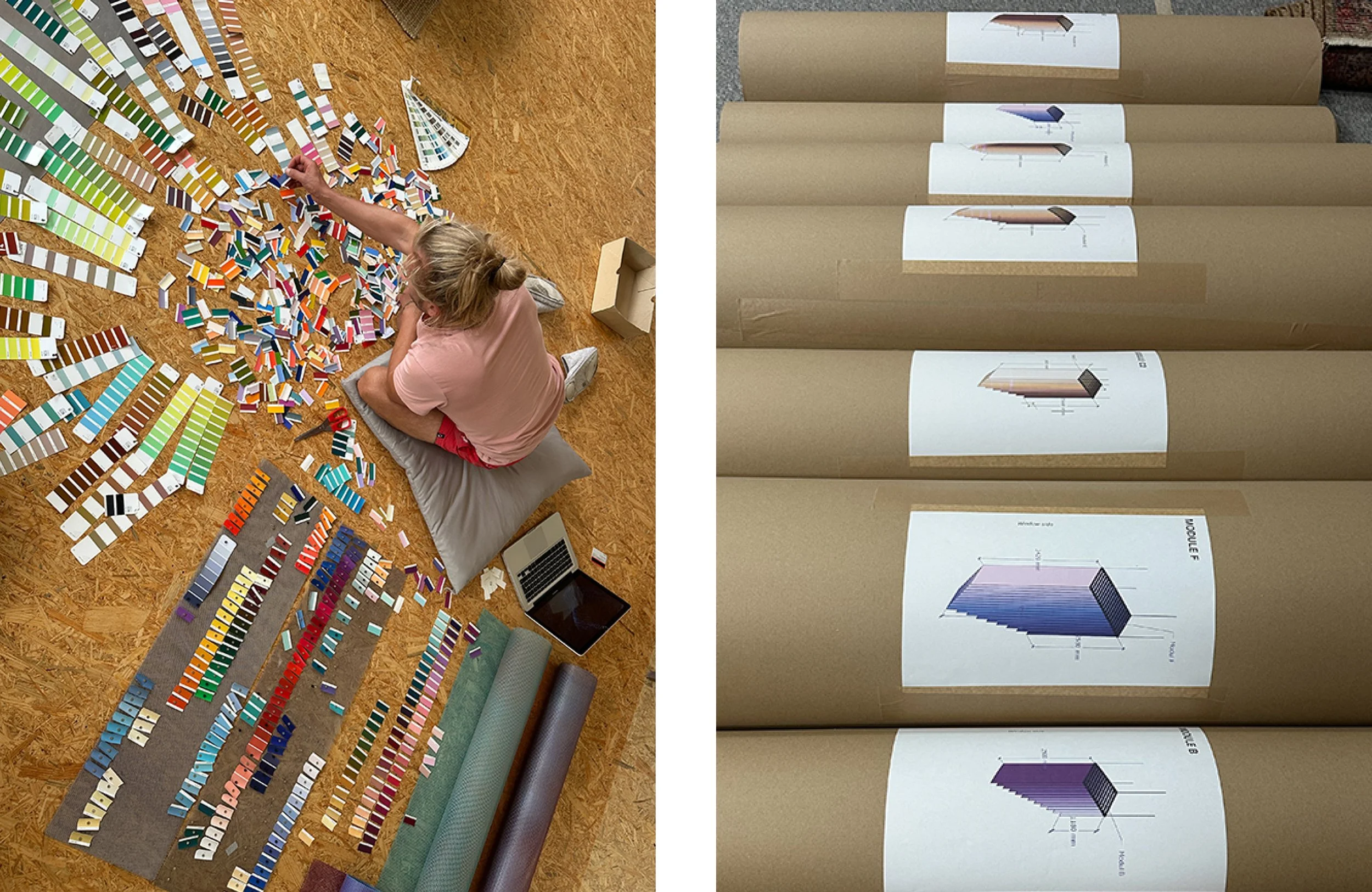 Left: Tomislav Topic puts colour first. Right: Mitoshi set for installation at Fairmont Tokyo. Photo supplied by Tomislav Topic.