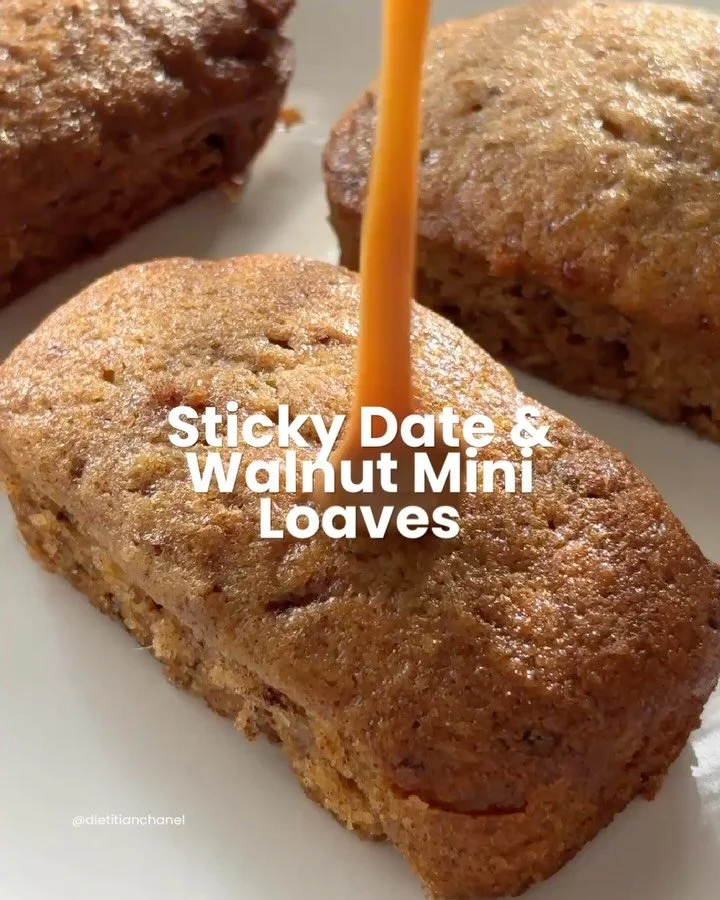 Sticky Date &amp; Walnut Mini Loaves 🤎 
Makes ~18 mini loaves

Ingredients

200g pitted Medjool dates
2 tbsp maple syrup
1 cup (250ml) boiling water
90g butter, melted
3/4 cup caster sugar
1 tsp vanilla extract
1 egg
1 1/2 cups self-raising flour
1 