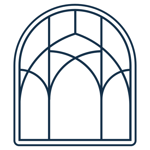 Outline drawing of a large arched window with multiple smaller panes and decorative arch design.