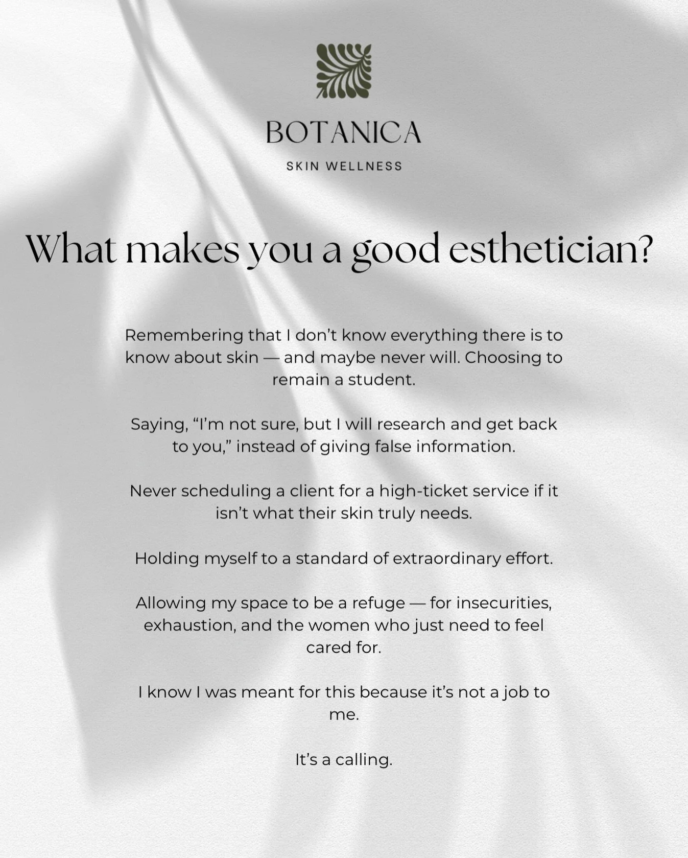 Integrity over ego🌿 
Education over assumptions🫶🏼
Care over everything✨

&bull;
&bull;
&bull;
&bull;

#esthetician #smallbusiness #mtpleasant #charlestonsc #botanicaskinwellness