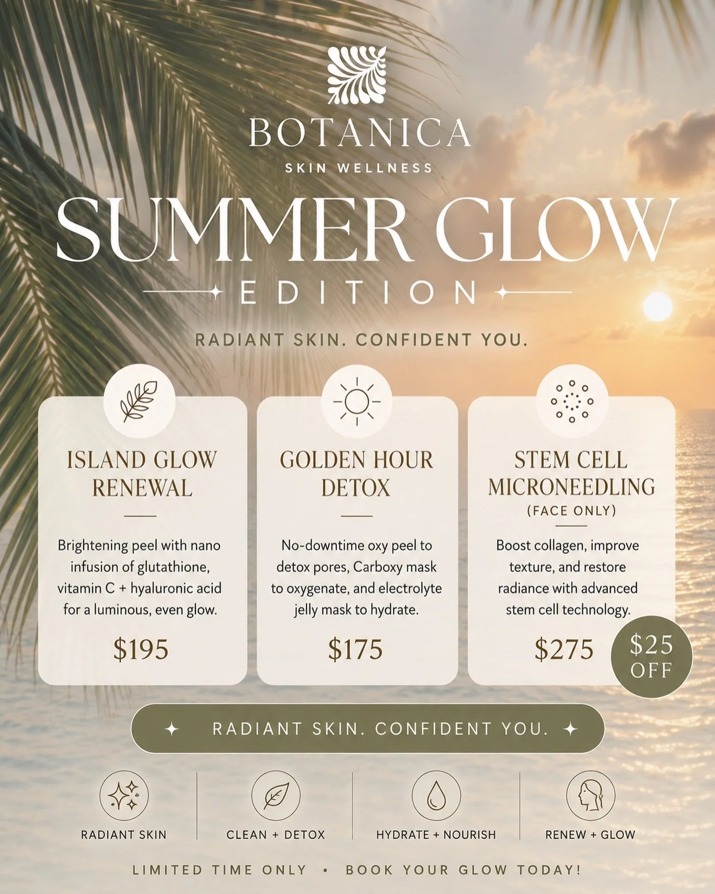 Summer skin starts here☀️✨

Introducing our Summer Glow Edition&mdash;three limited-time treatments designed to brighten, detoxify, and renew your skin all season long.

🌴 Island Glow Renewal
A brightening peel paired with nano infusion to restore r