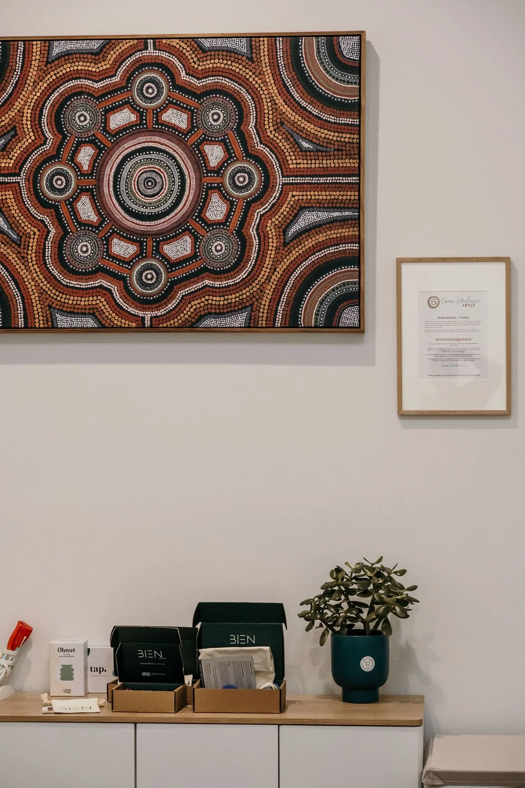 A wall with an Aboriginal-style dot art painting, a framed certificate, and a counter with a potted plant, boxes, and miscellaneous items.