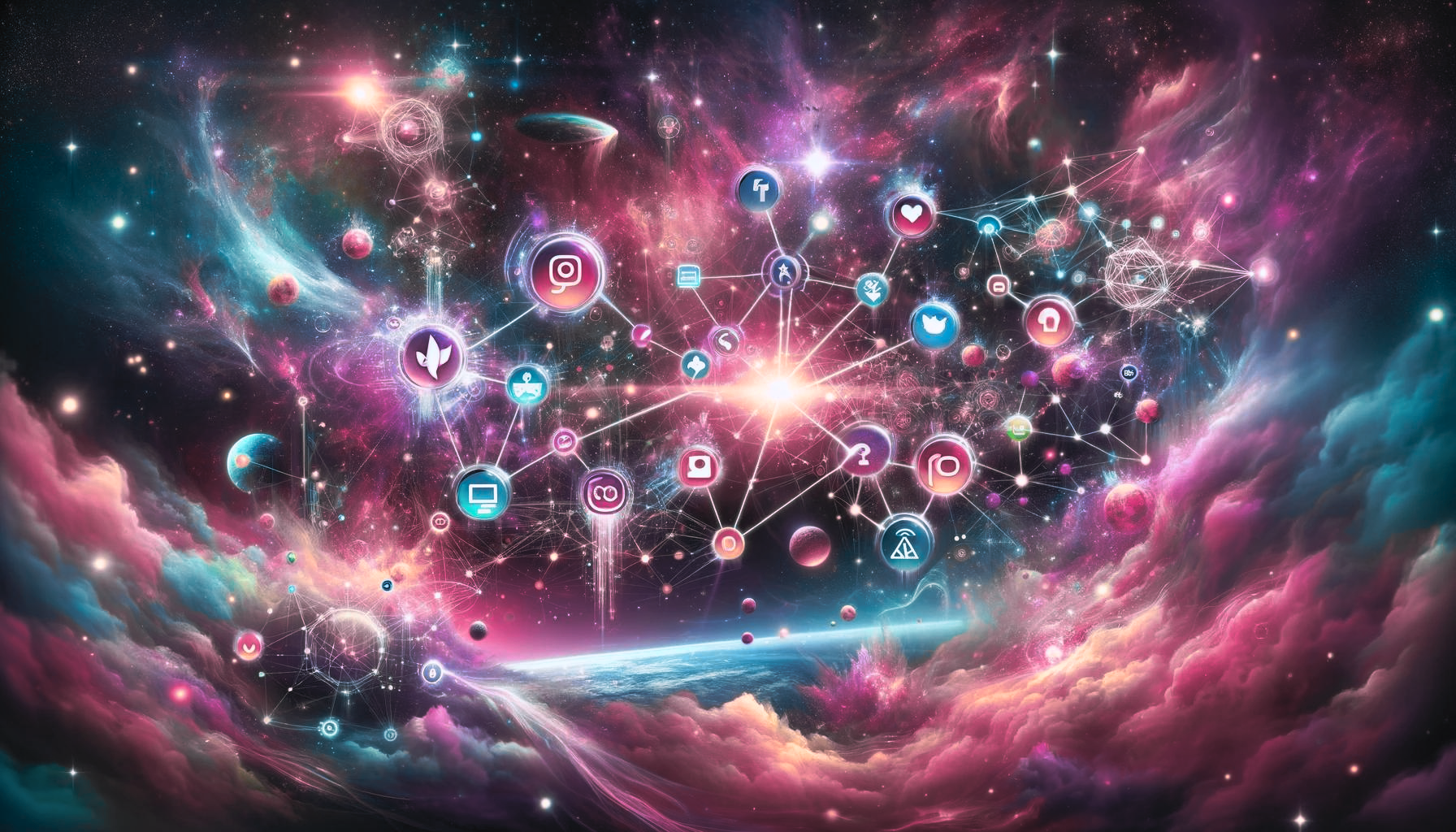 Purple and pink-hued graphic of the cosmos with social media icons connected in midair.