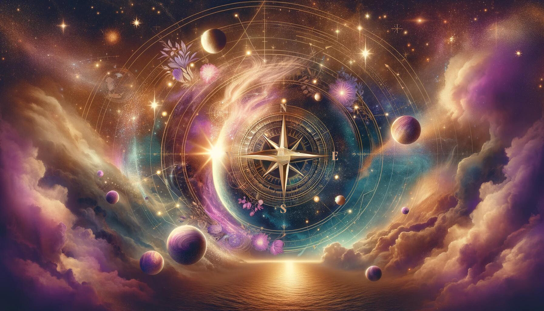 Graphic of a compass against a celestial pink, blue background.