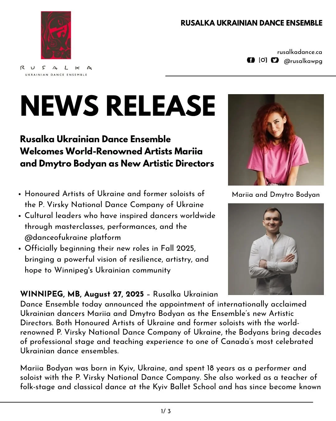 ✨ We&rsquo;ve got some big news! ✨

We are thrilled to announce that world-renowned Ukrainian artists Mariia and Dmytro Bodyan will be joining Rusalka as our new Artistic Directors beginning this Fall. 

Honoured Artists of Ukraine and former soloist