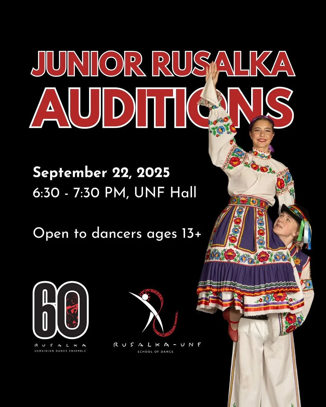 ✨JUNIOR RUSALKA AUDITIONS ✨

Are you a passionate dancer aged 13 or older who cherishes Ukrainian culture? Join us for Junior Rusalka, where you can be part of an amazing family celebrating our heritage through vibrant choreography, lasting friendshi