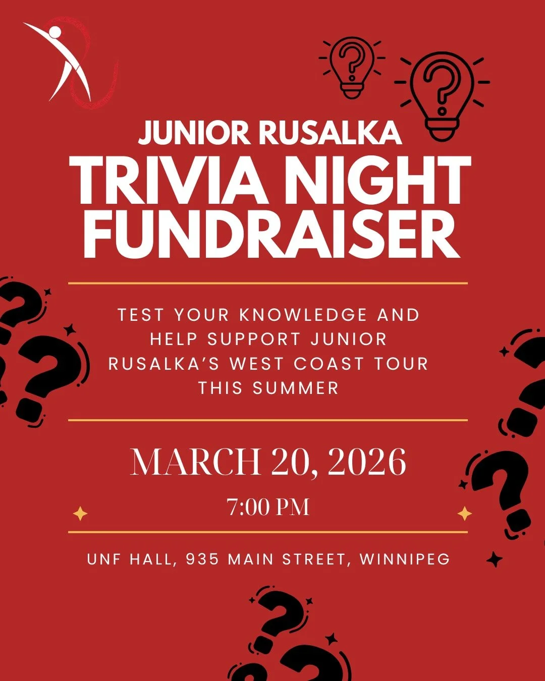 Join us for the Junior Rusalka Trivia Night Fundraiser! 🧩

Get ready for a fun-filled evening of trivia, laughs, and good vibes! This event is perfect to test your knowledge and support Junior Rusalka's journey towards their West Coast Tour this sum