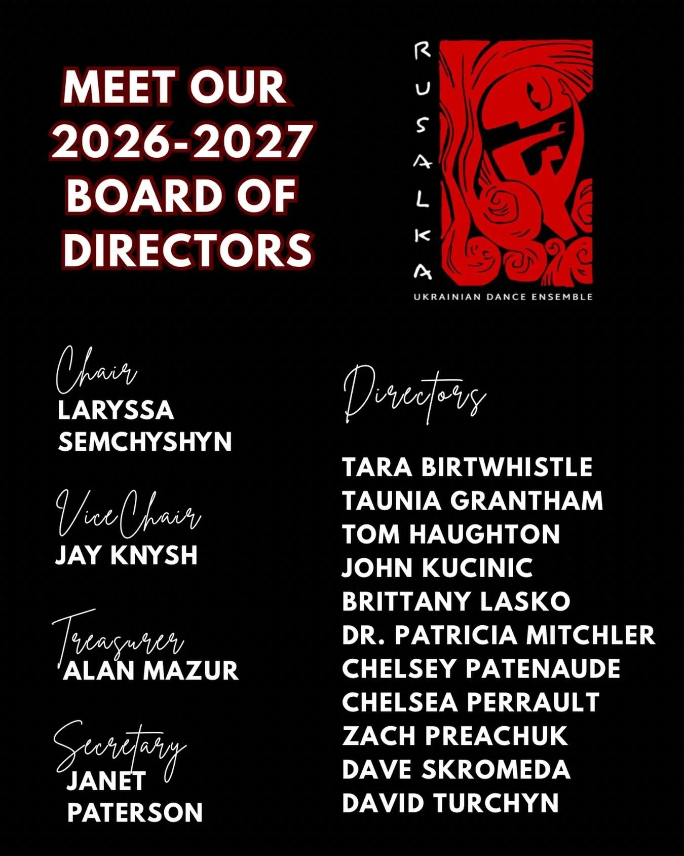 Please join us in welcoming the 2026-2027 Board of Directors! This dedicated group of leaders brings passion, experience and creativity to guide Rusalka into an exciting new year. We&rsquo;re grateful for their commitment and can&rsquo;t wait to see 