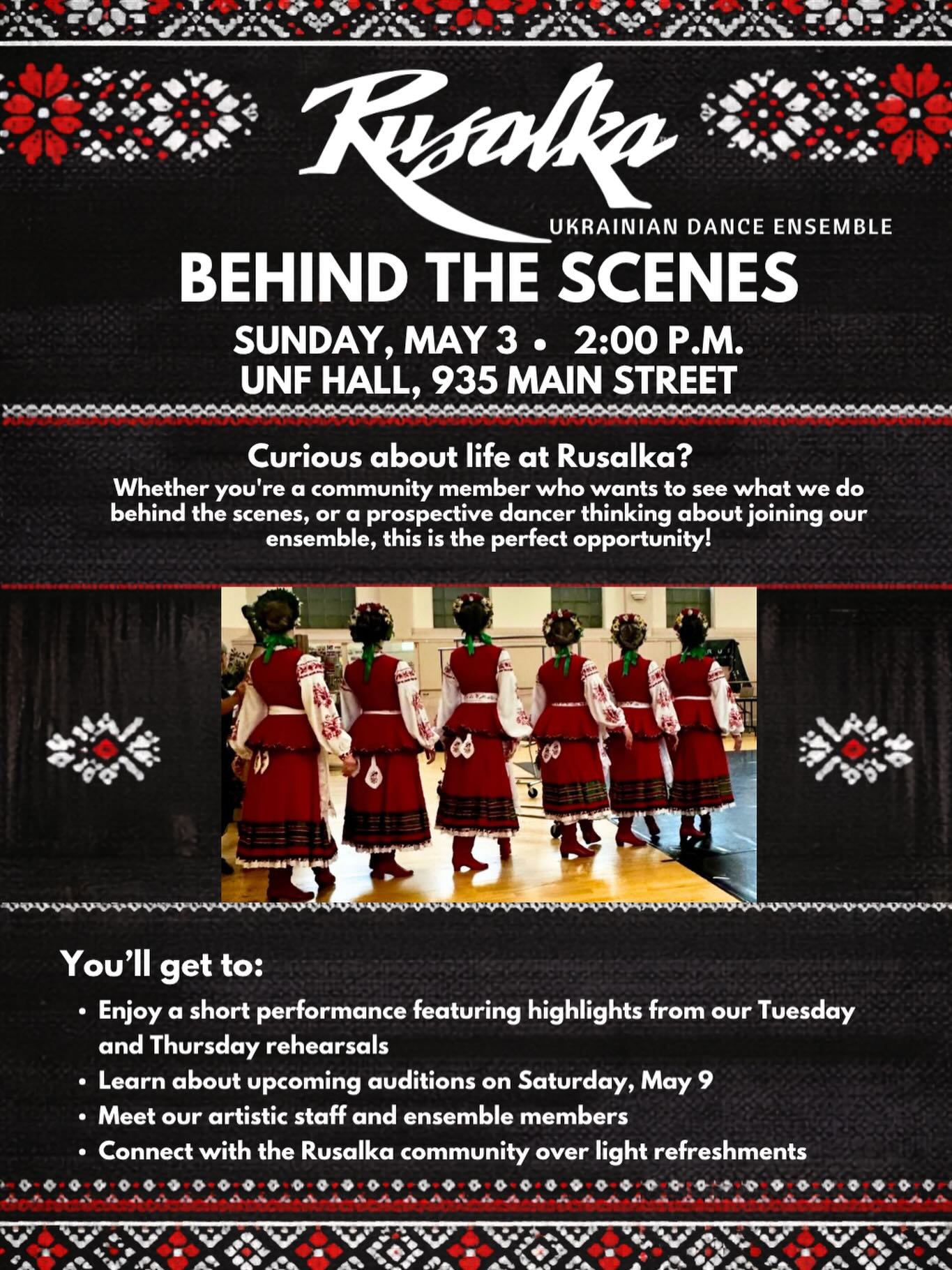 Step behind the scenes with the Rusalka Ukrainian Dance Ensemble ✨

Join us on Sunday, May 3rd at 2:00 p.m. for an intimate afternoon inside our rehearsal space. Enjoy a short, curated performance featuring highlights from our Tuesday and Thursday re
