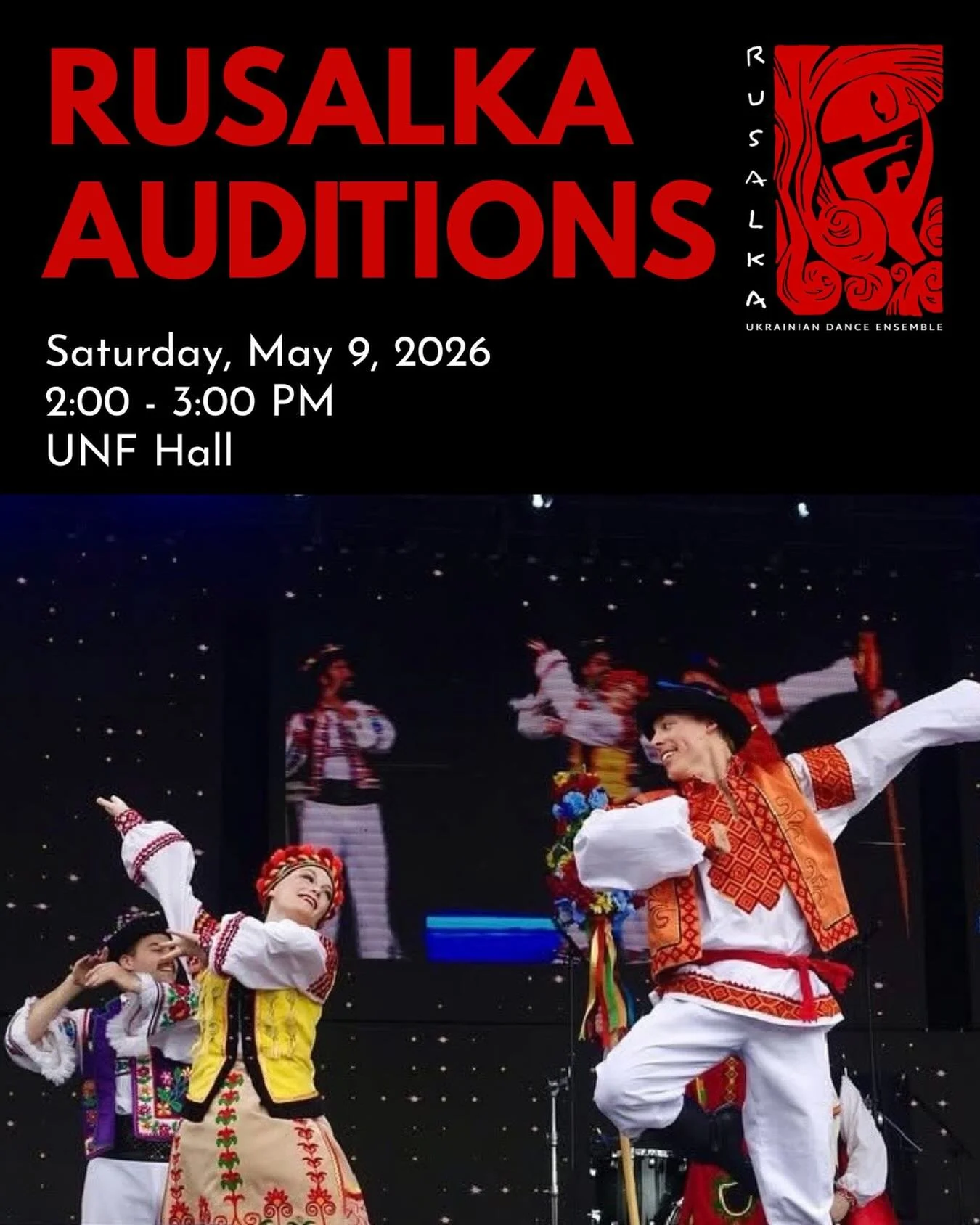 Step into something meaningful.

Audition for Rusalka Ukrainian Dance Ensemble and grow your technique, artistry, and connection within a supportive, dedicated community.

Under the direction of Mariia &amp; Dmytro Bodyan (Honoured Artists of Ukraine