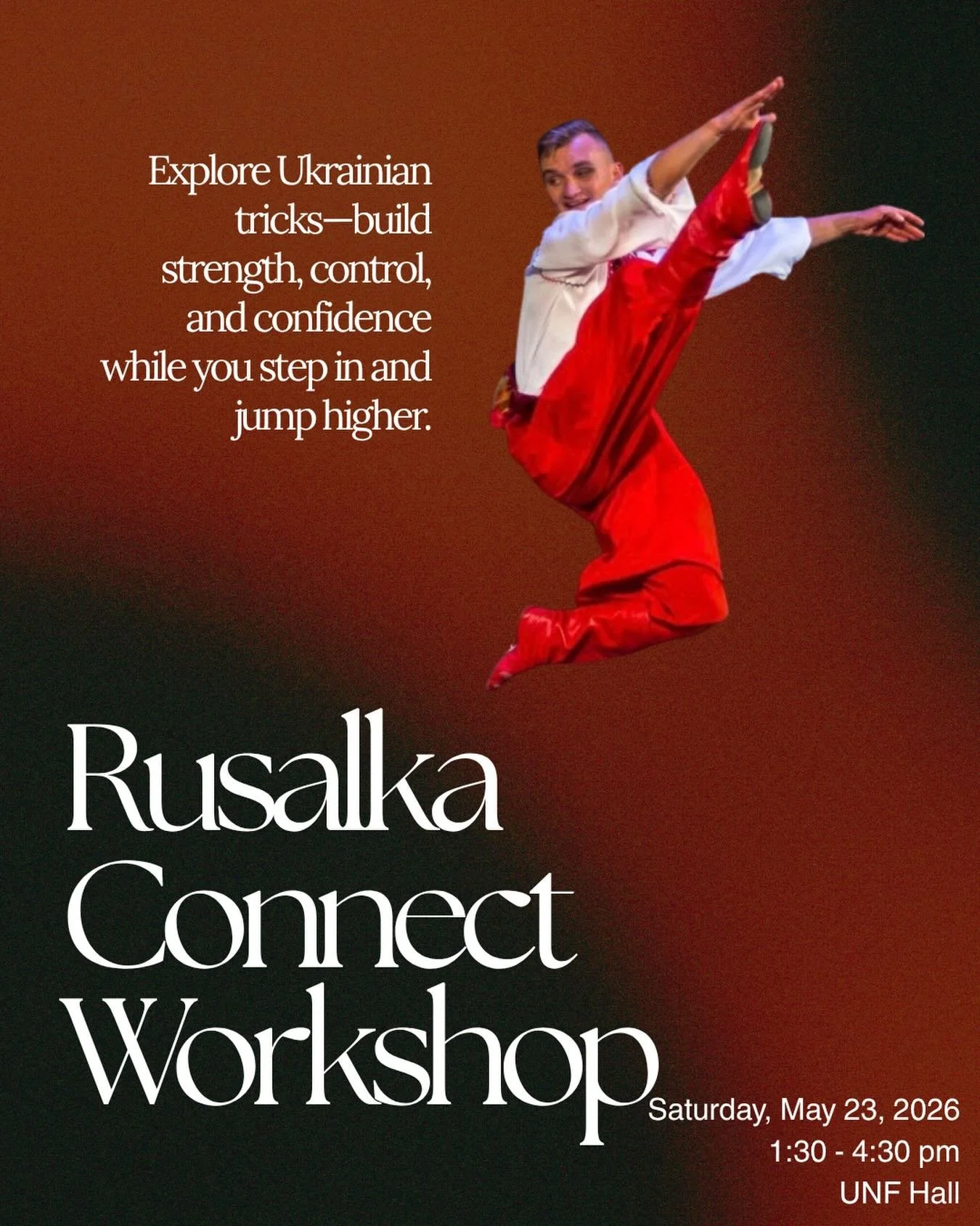 Ready to move, learn, and challenge yourself? 

Join us for an exciting Ukrainian dance workshop led by Dmytro Bodian&mdash;open to ages 14+ with no prior dance experience required! This high-energy session will focus on Ukrainian solos and tricks in