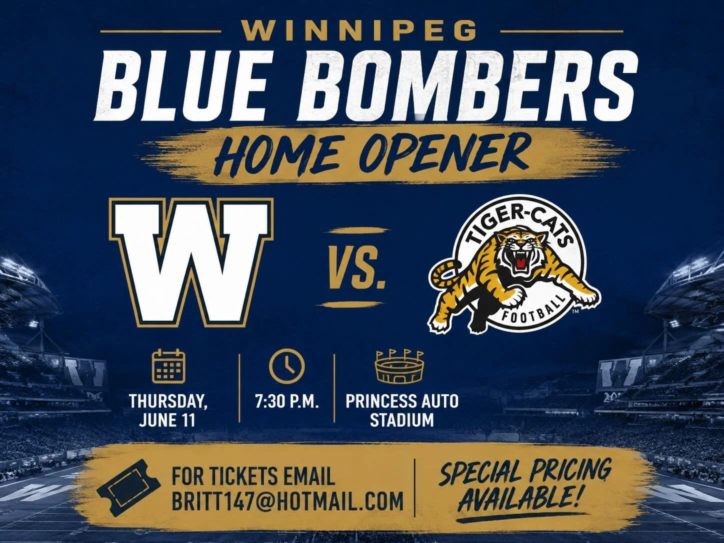 As part of Rusalka&rsquo;s partnership with the Winnipeg Blue Bombers Cultural Program, we&rsquo;re excited to share that discounted tickets are still available for the upcoming Home Opener!

🏈 Winnipeg Blue Bombers vs. Hamilton Tiger-Cats
📅 Thursd