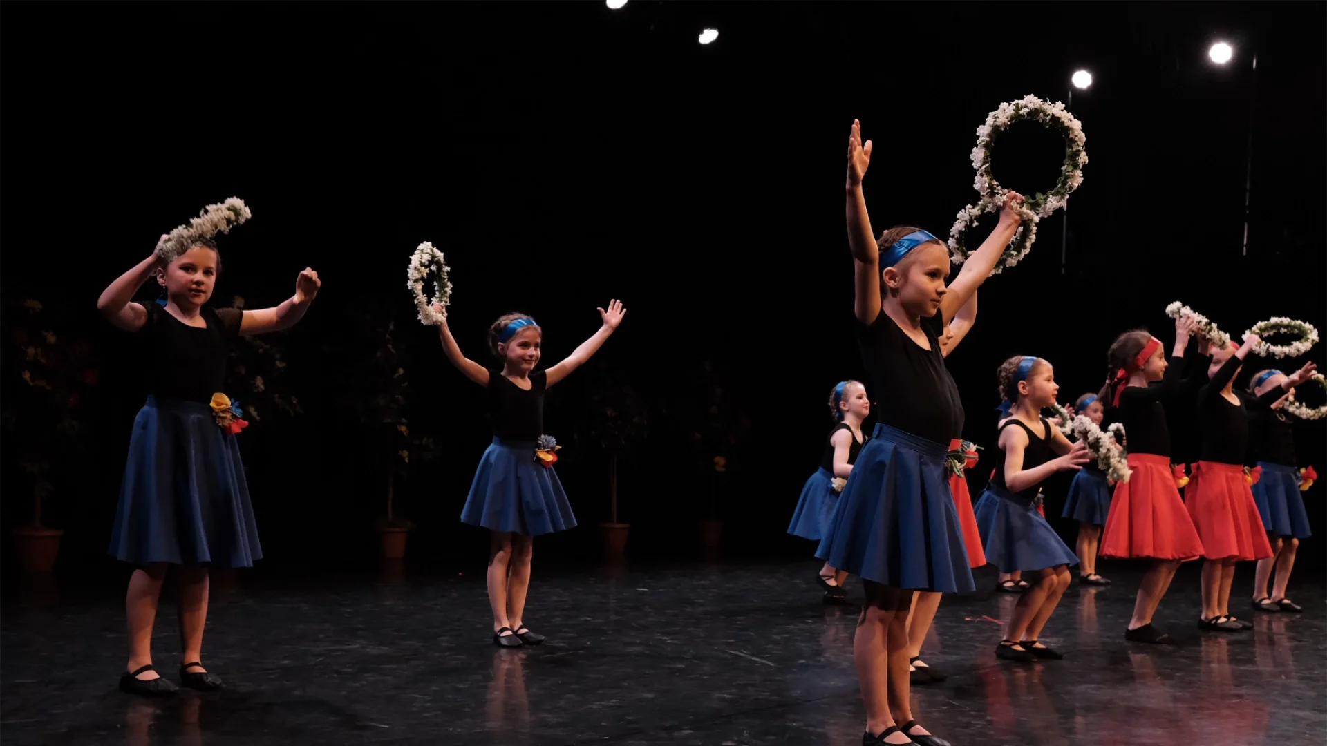 Young dancers performing on stage in traditional Ukrainian costumes during a choreography showcase