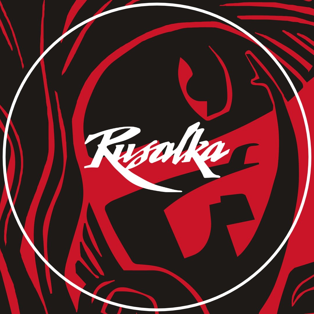 A stylized, abstract black and red illustration of a person with long hair and an earring, with bold, swirling lines and shapes.