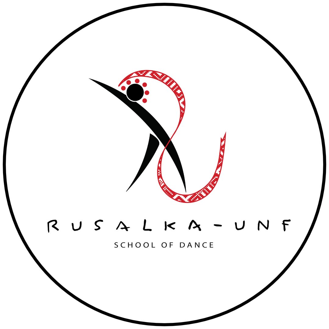 Stylized dancer figure with a circular red and black patterned element forming the head and body, and a black arm and legs. Below, the text reads "RUSALKA-UNF SCHOOL OF DANCE."