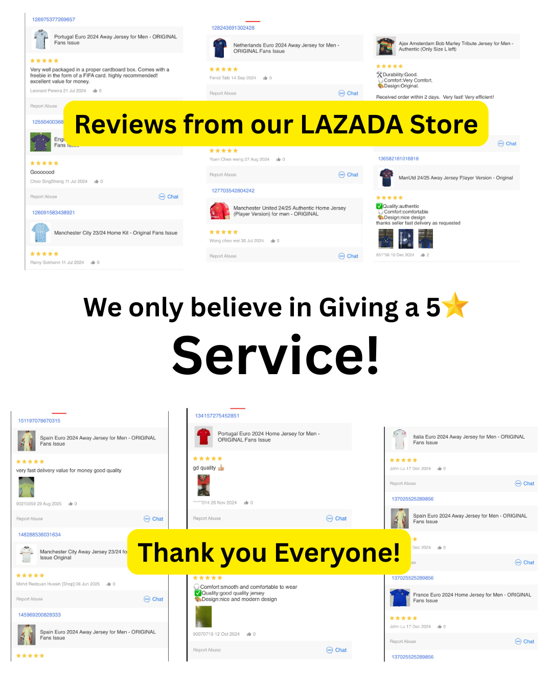A collage of reviews from a Lazada store featuring photos and comments of various football jerseys for men, highlighting customer satisfaction and positive feedback, with prominent yellow banners and text expressing appreciation for five-star service.