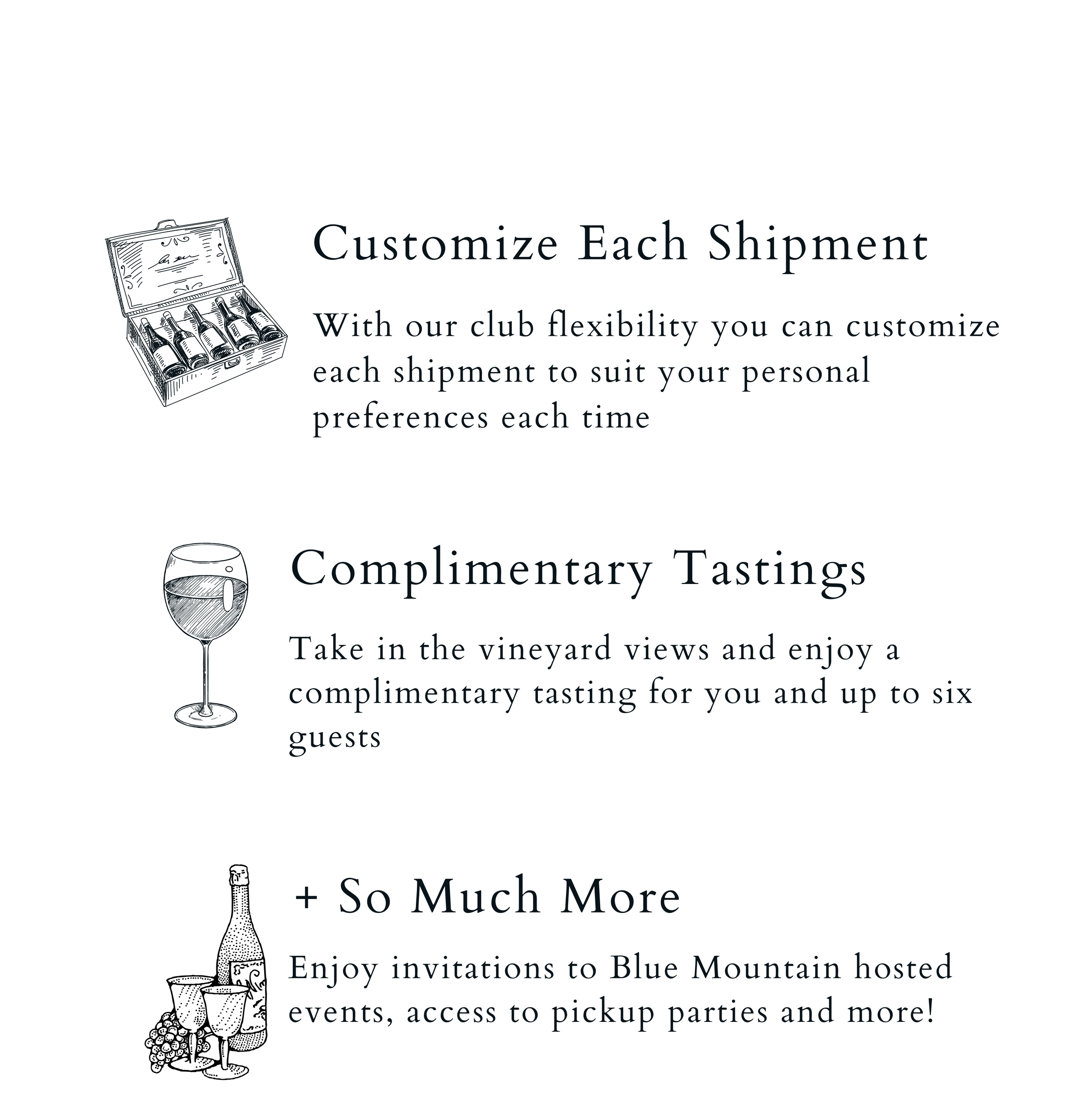 Informational flyer with black and white illustrations, describing benefits of a wine club membership, including customizable shipments, complimentary tastings, and access to events and parties.