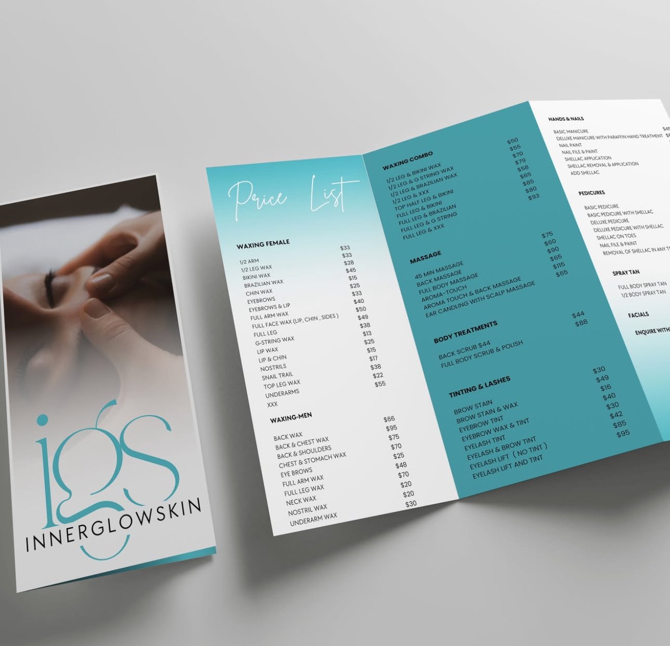 Open salon menu brochure with price list for waxing, massage, body treatments, tinting, and facials, featuring a sky blue and white color scheme and salon logo scalable to minimal size.