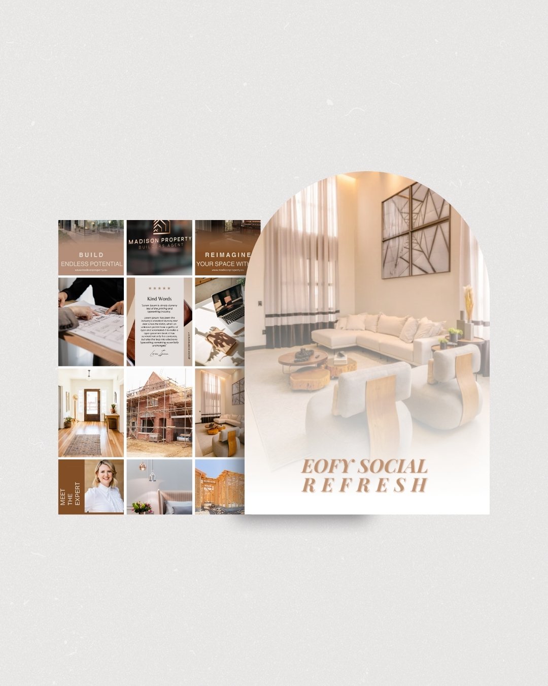 Collage of interior home design photos featuring a modern living room with beige and white furniture, large windows with curtains, abstract wall art, and decorative wood pieces. The collage also includes construction images, a smiling woman, and text related to real estate or property development.