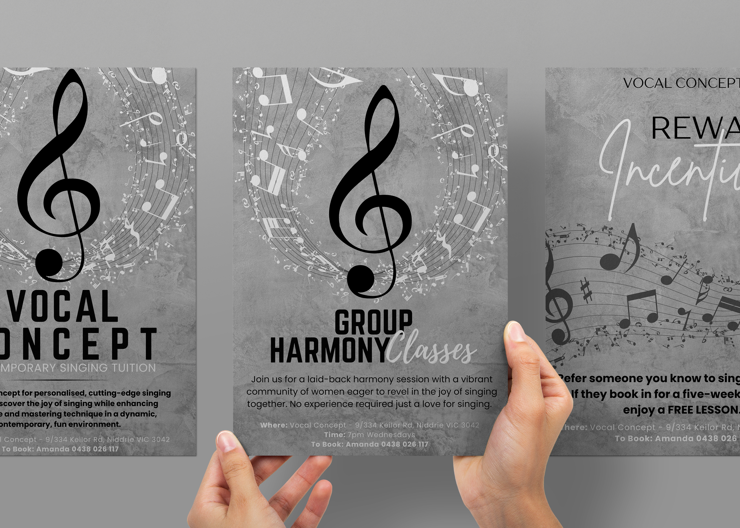 Flyers for vocal group harmony classes and an adult singing tuition at Vocal Concept, with musical notes and a large treble clef symbol.
