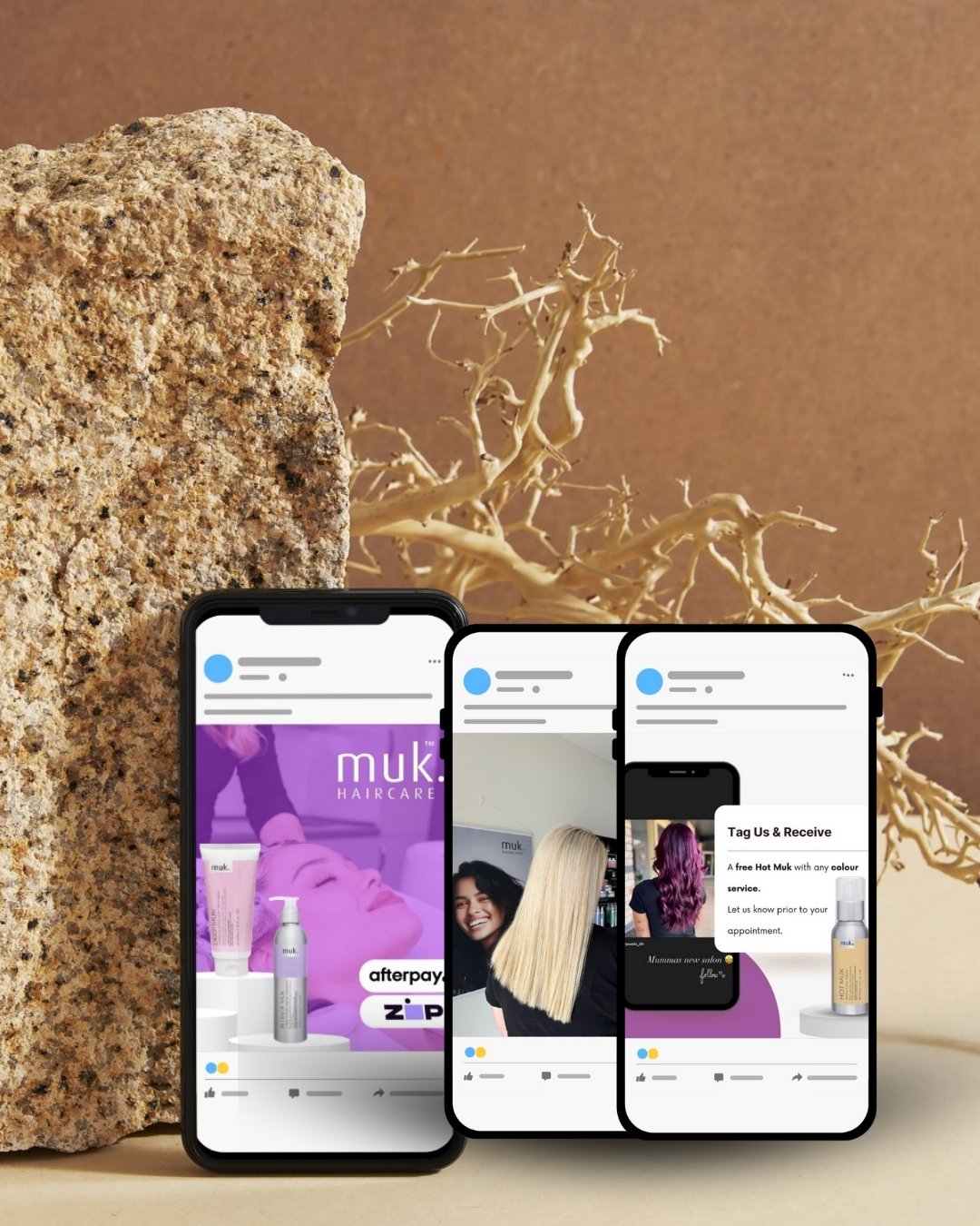 Three smartphones displaying social media posts about haircare, set against a background of a large rock, a dry branch, and a neutral-toned wall.