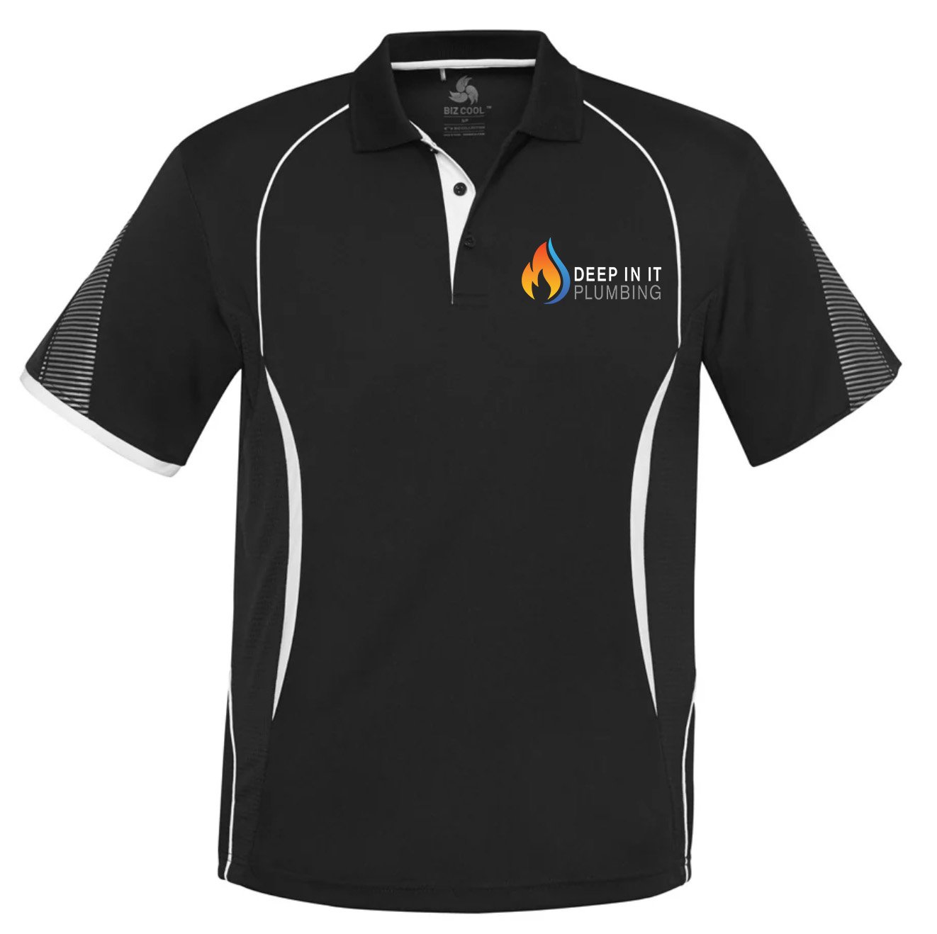 Black sports polo shirt with white accents and the logo of Deep in It Plumbing, featuring a flame and water droplet, on the chest.