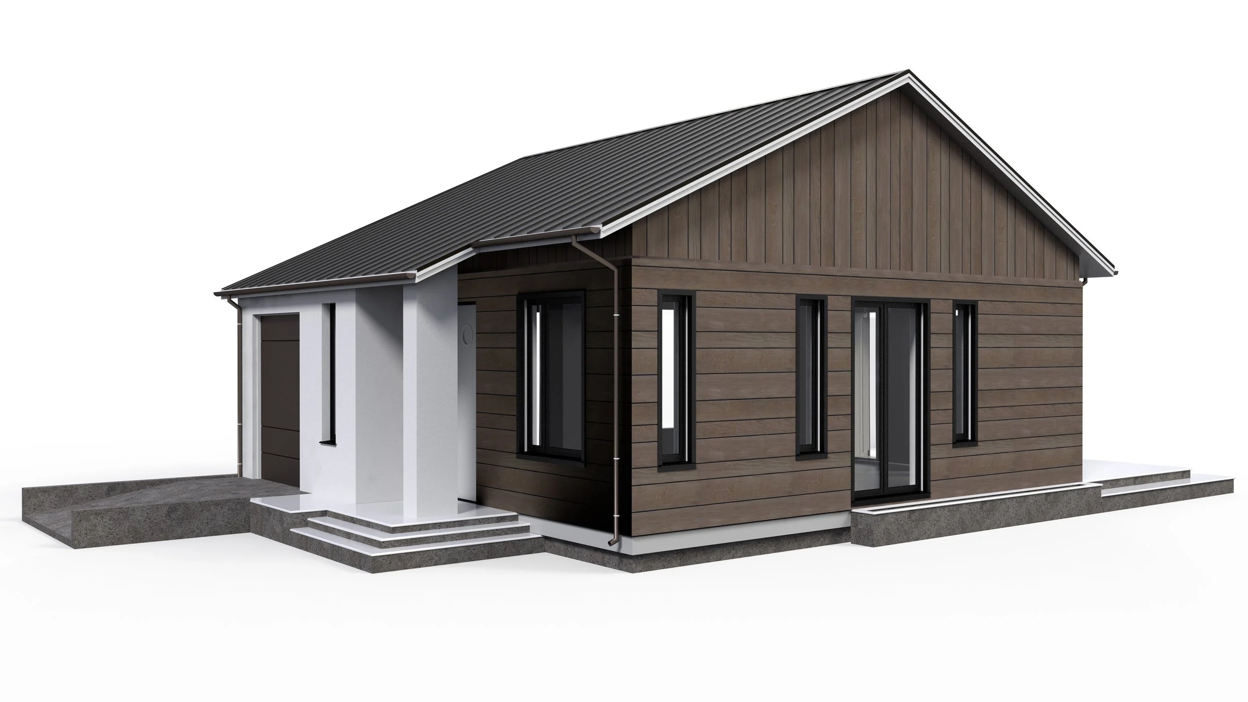 A modern granny flat with brown wooden siding, white accents, black window frames, steps leading to the front door, and a small porch area. The house has a gray metal roof and a horizontal layout.