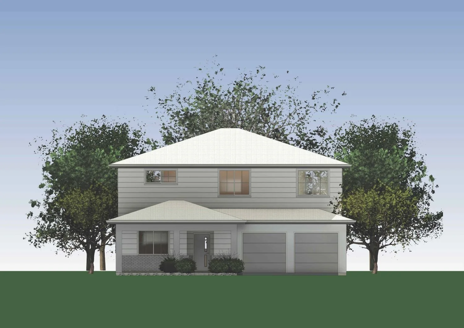 A second story addition with a gray roof, white siding, and a double garage, surrounded by trees and bushes, under a clear blue sky.