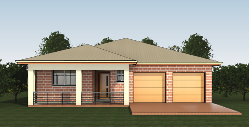 Front view of a single-story brick house with a beige roof, two garage doors, and a small front porch with a bench and stairs, surrounded by green trees.