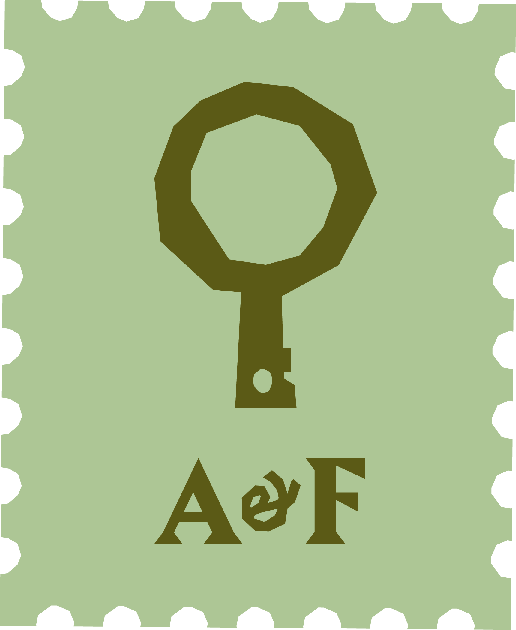 Illustration of a stylized key above the letters 'A' and 'F', with a spiral symbol in between, on a green, perforated background resembling a stamp.