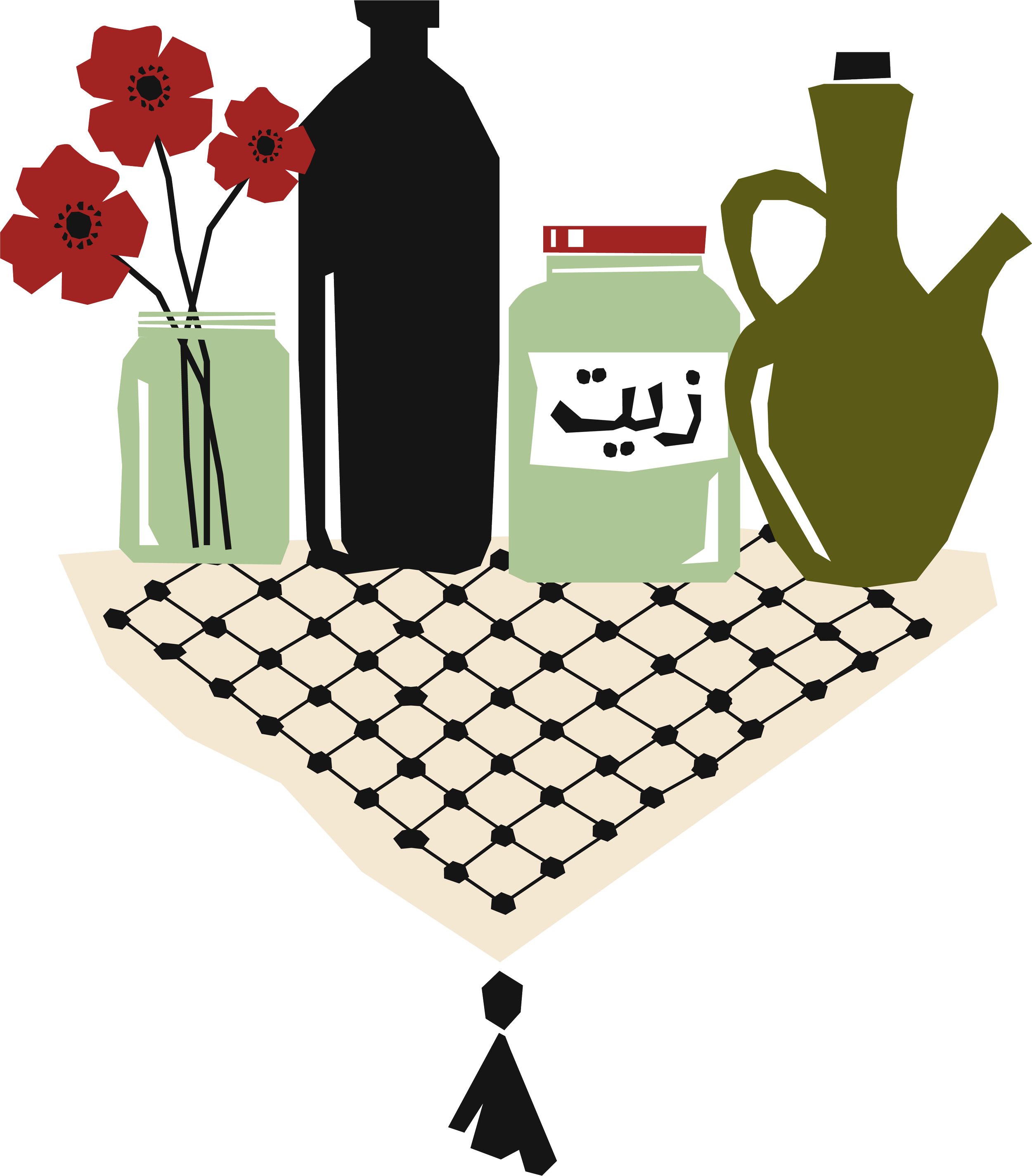 Illustration of three red flowers in a jar, a black bottle, a green jar with Arabic text, and a green olive oil pitcher, all on a traditional black and beige patterned cloth.