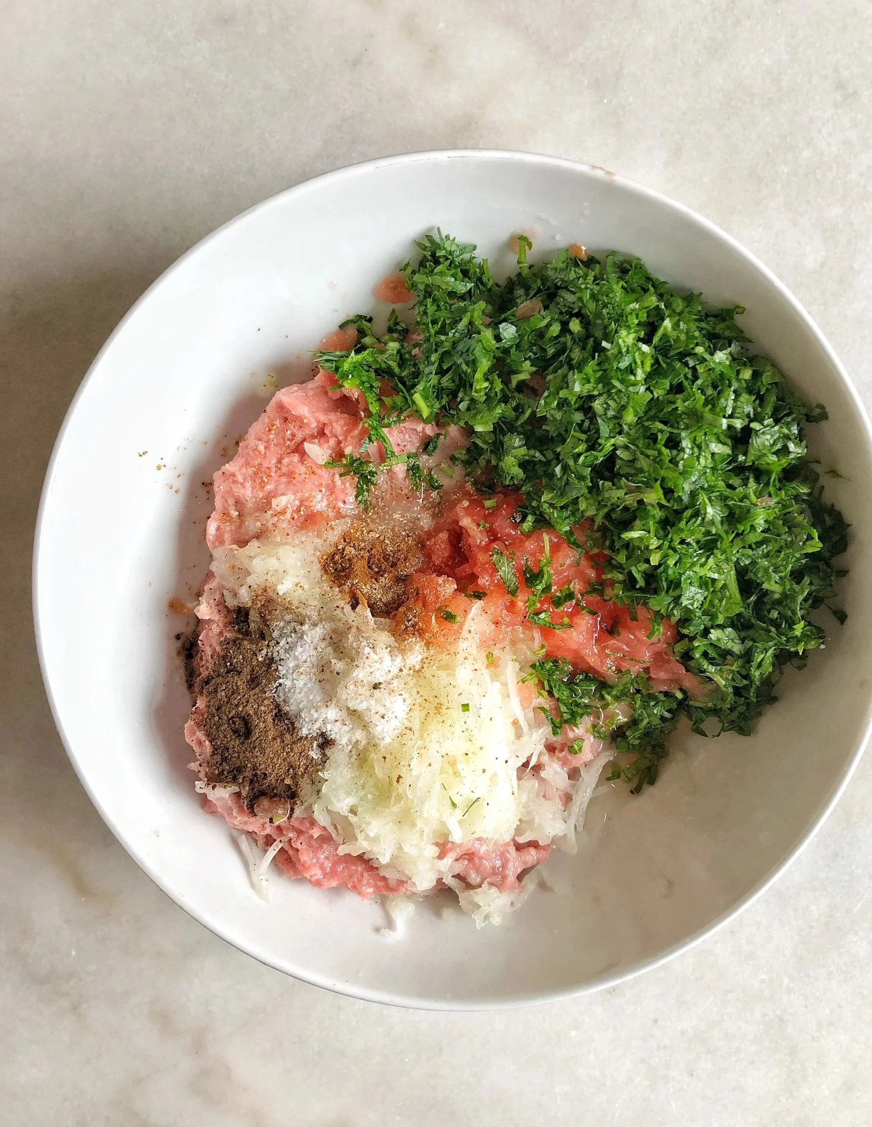 Bowl with minced meat, chopped herbs, grated onion, spices, and salt.