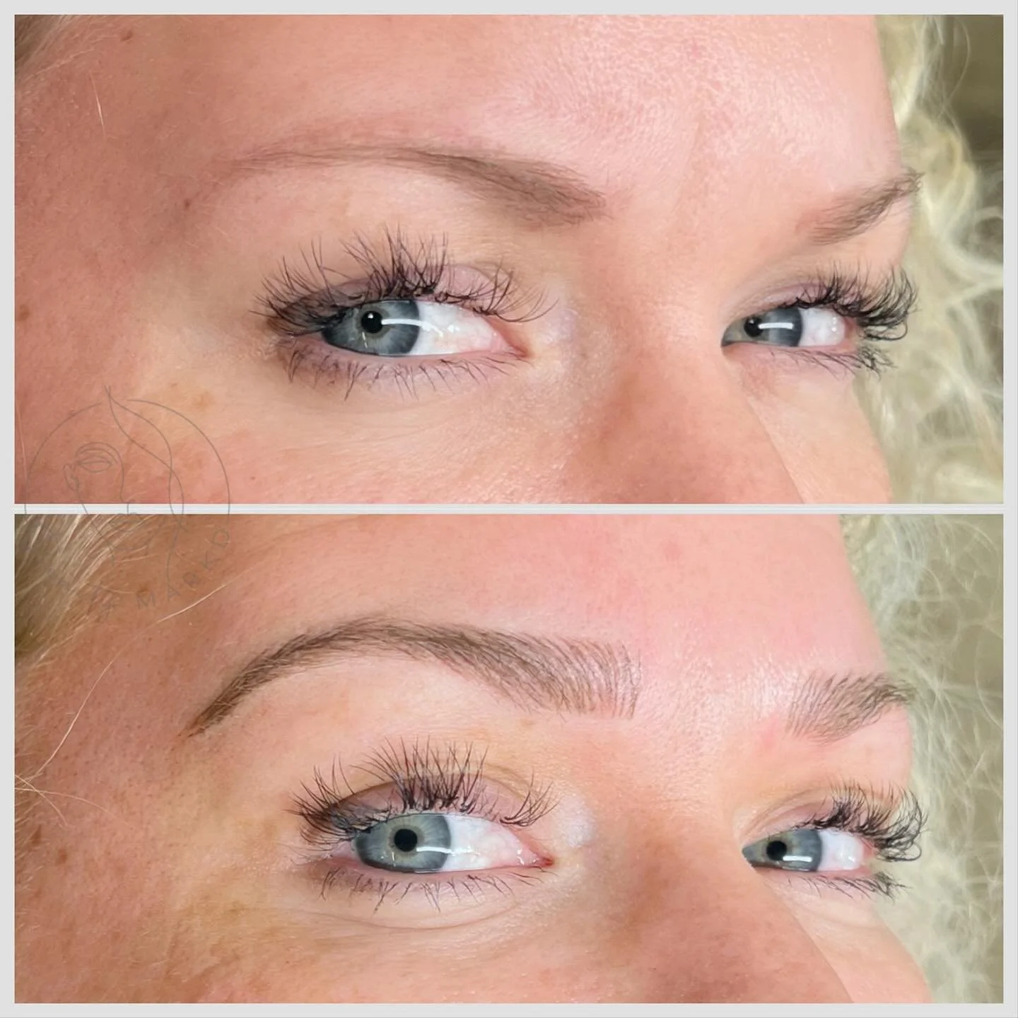 Comparison of a woman's eyes before and after eyelash and eyebrow enhancement. The top shows natural eyelashes and eyebrows, while the bottom shows longer, fuller eyelashes and well-defined, shaped eyebrows.