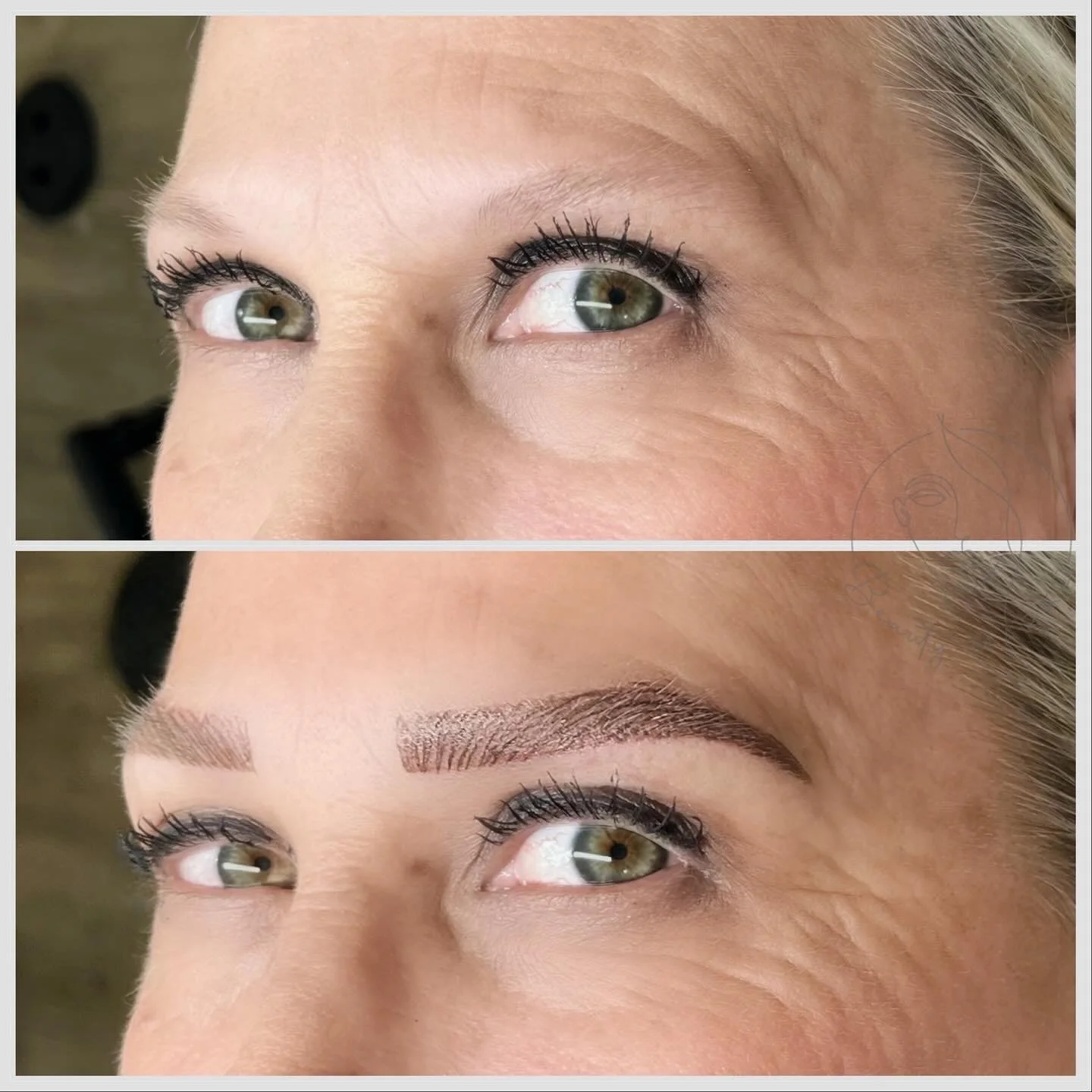 Before and after images of a woman showing her eyebrows: the top image shows natural eyebrows, and the bottom image shows the eyebrows after microblading treatment.